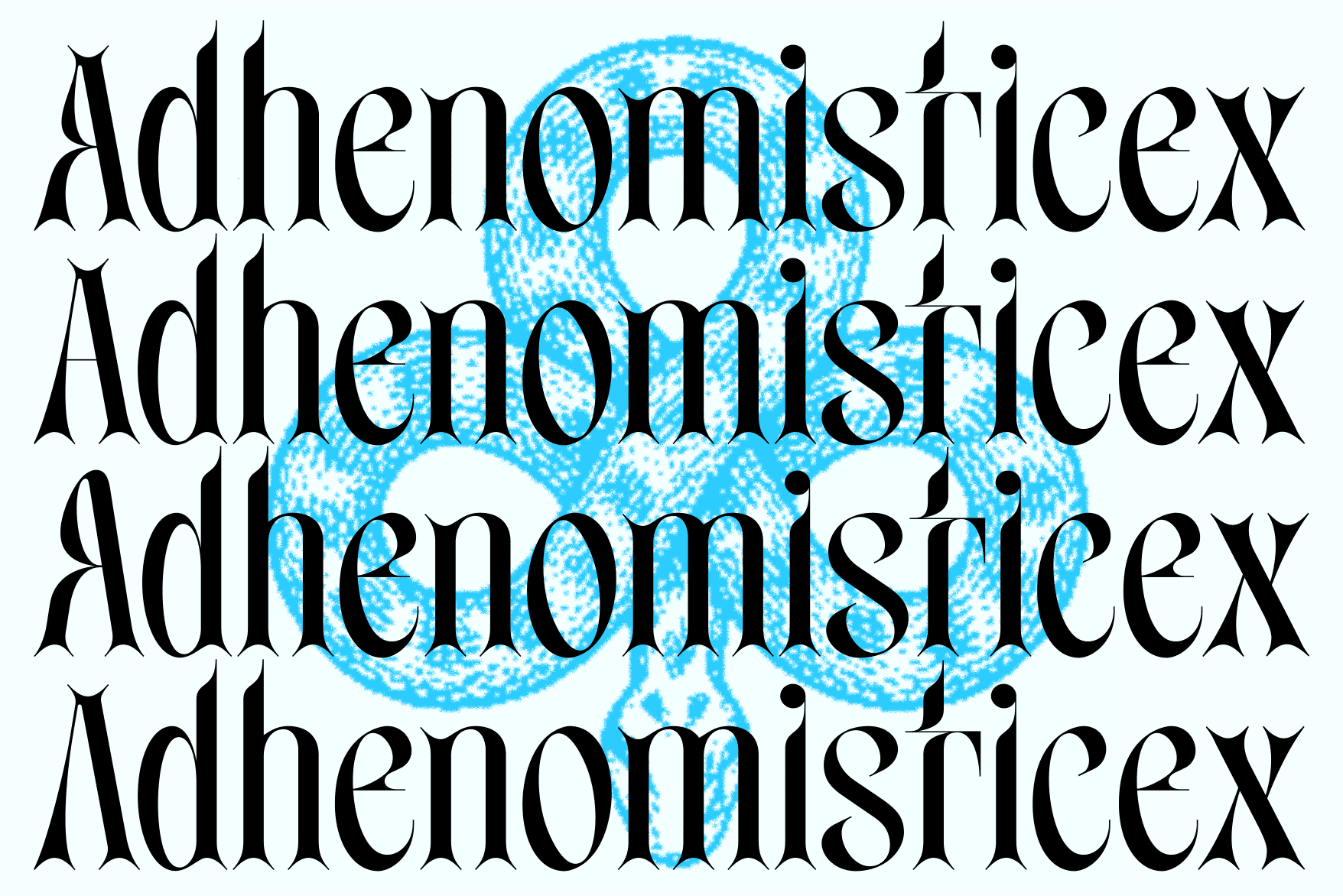 Adhenomisicex typeface with blue textured circles overlaid on text