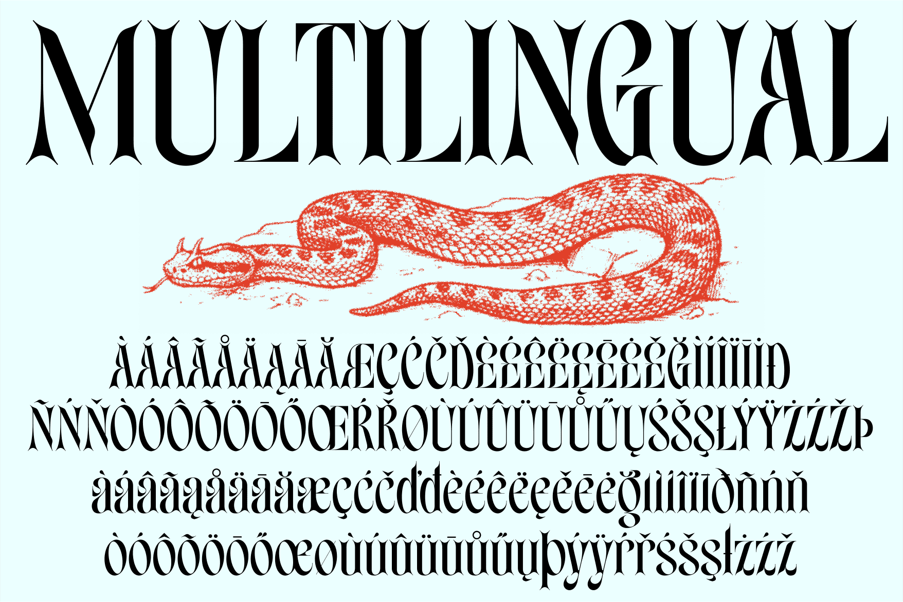 Multilingual serif font with snakes, accented characters, full character set