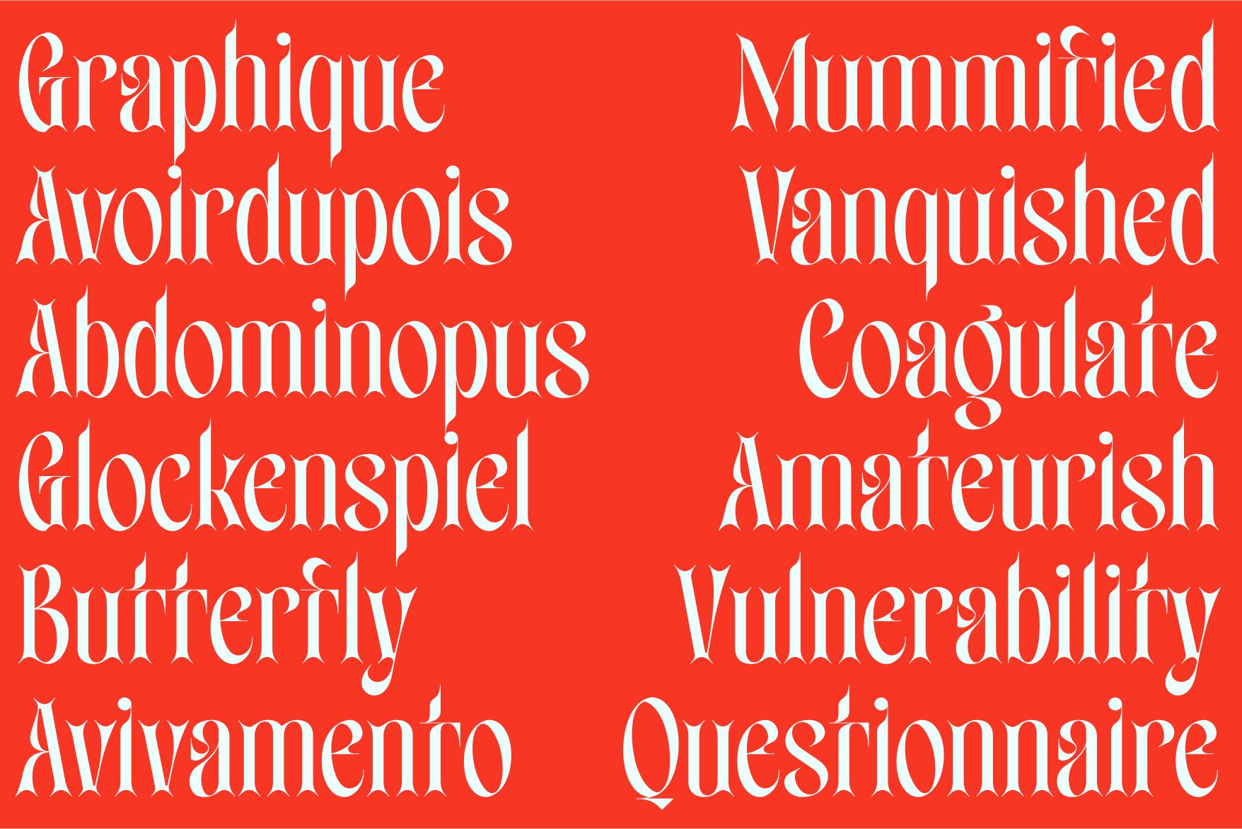 Ornate serif font specimen displaying French words in white on red background