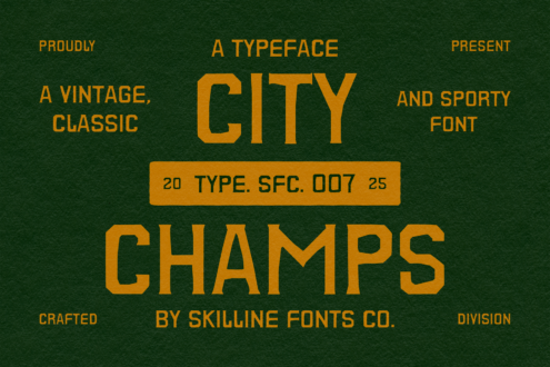 Vintage sporty font City Champs display graphic on dark background suitable for designers looking for classic typography assets Skilline Fonts Co.