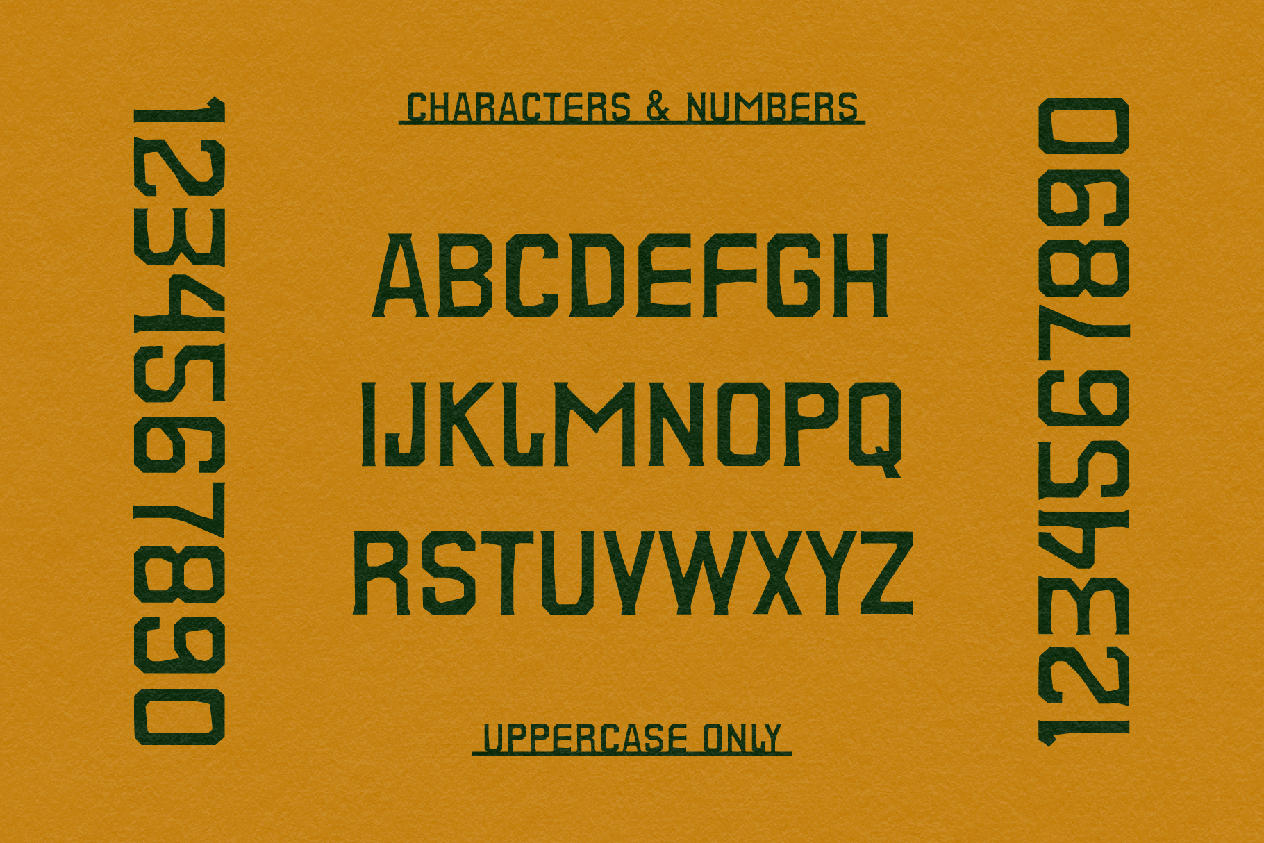 Geometric sans serif font displaying uppercase alphabet in teal on gold background