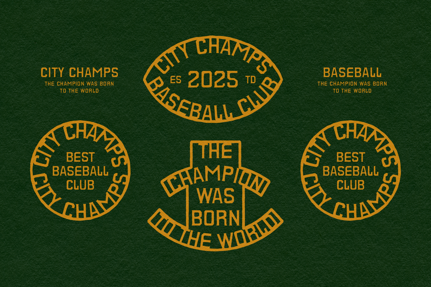 Vintage sports emblem designs on green background featuring City Champs Baseball Club theme. Ideal for graphic designers, templates, mockups, typography.
