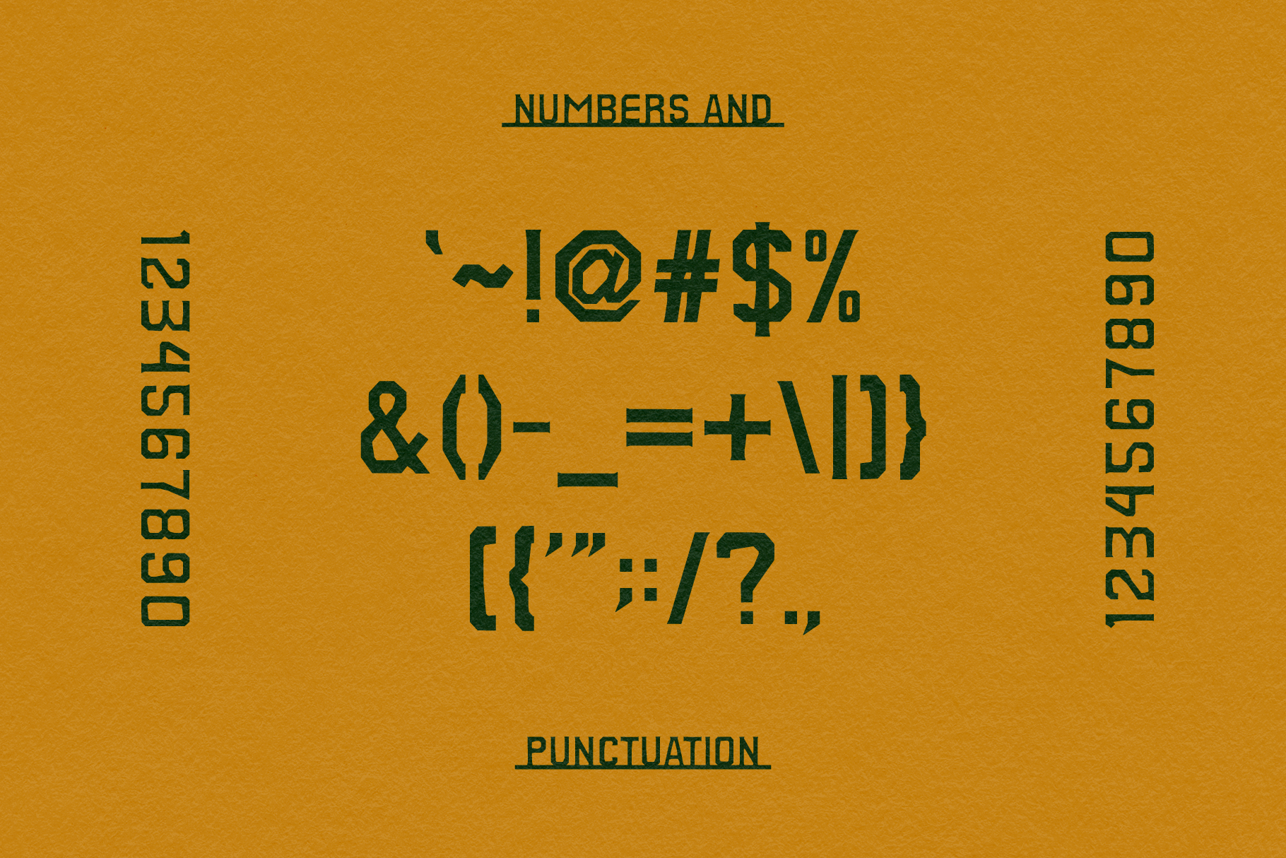 Bold typeface showing numbers, punctuation marks, symbols on mustard yellow background