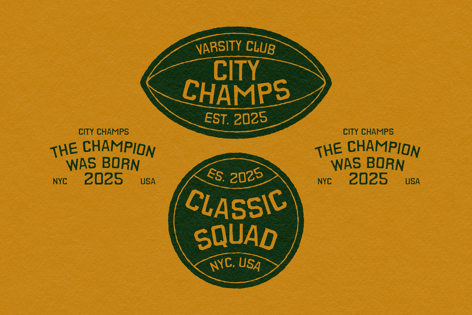 Varsity club badges collection on gold with green football seal, city champs, classic squad 2025