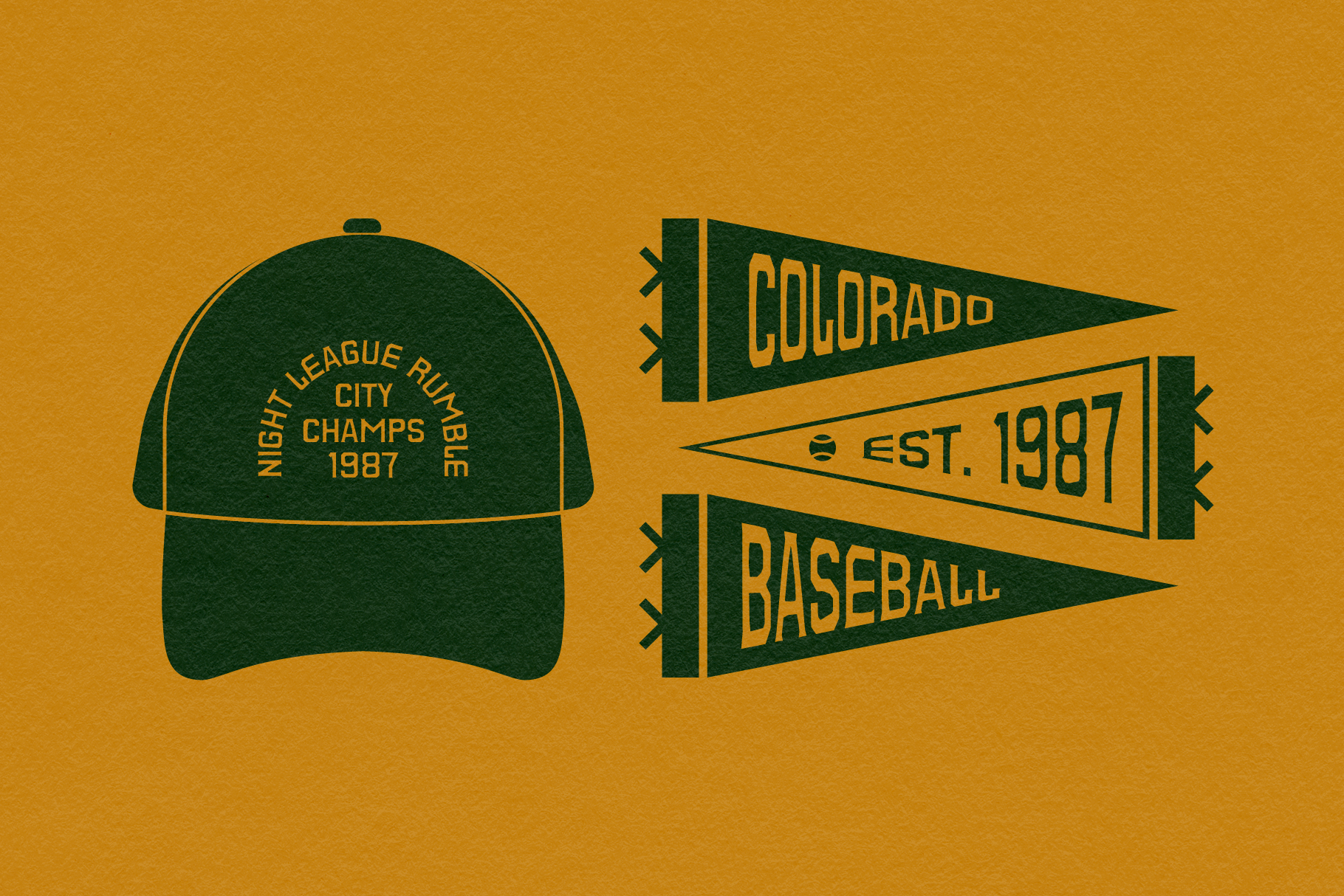 Retro sports patches on gold background with green baseball cap, pennants, Colorado established 1987