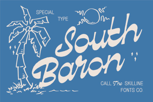 South Barton special type font with line illustration of figure holding tropical leaves