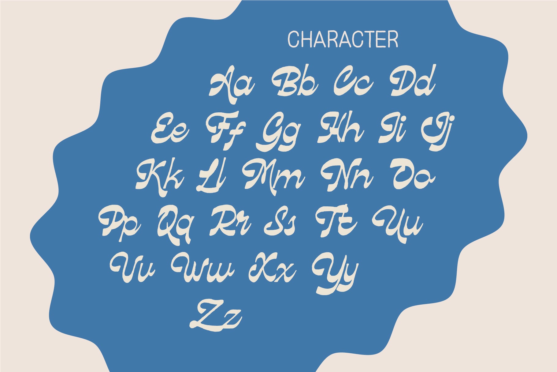 Full character set A through Z in cursive italic script displayed in blue badge shape