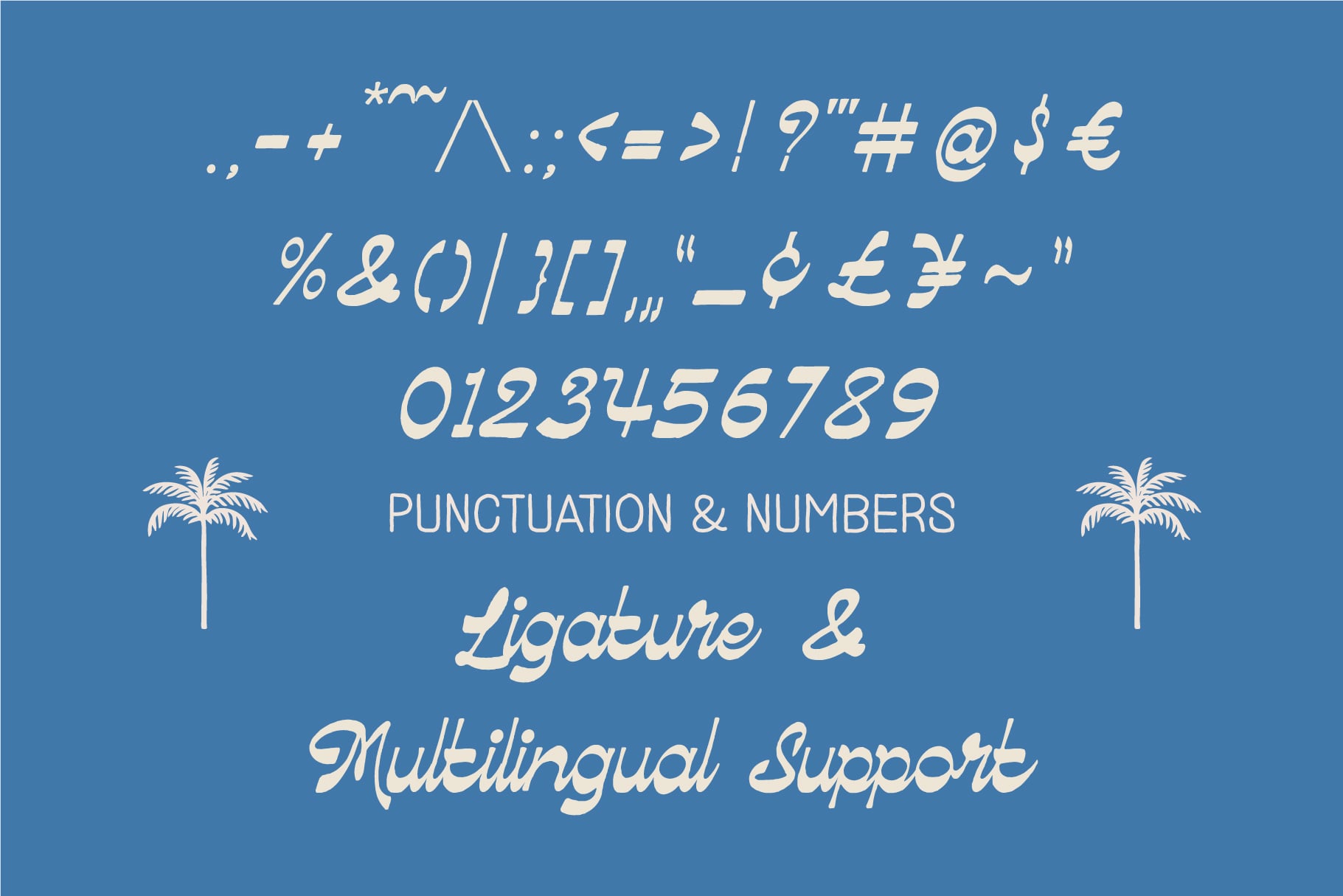Cursive italic font sample showing symbols, numbers, ligatures with multilingual character support on blue