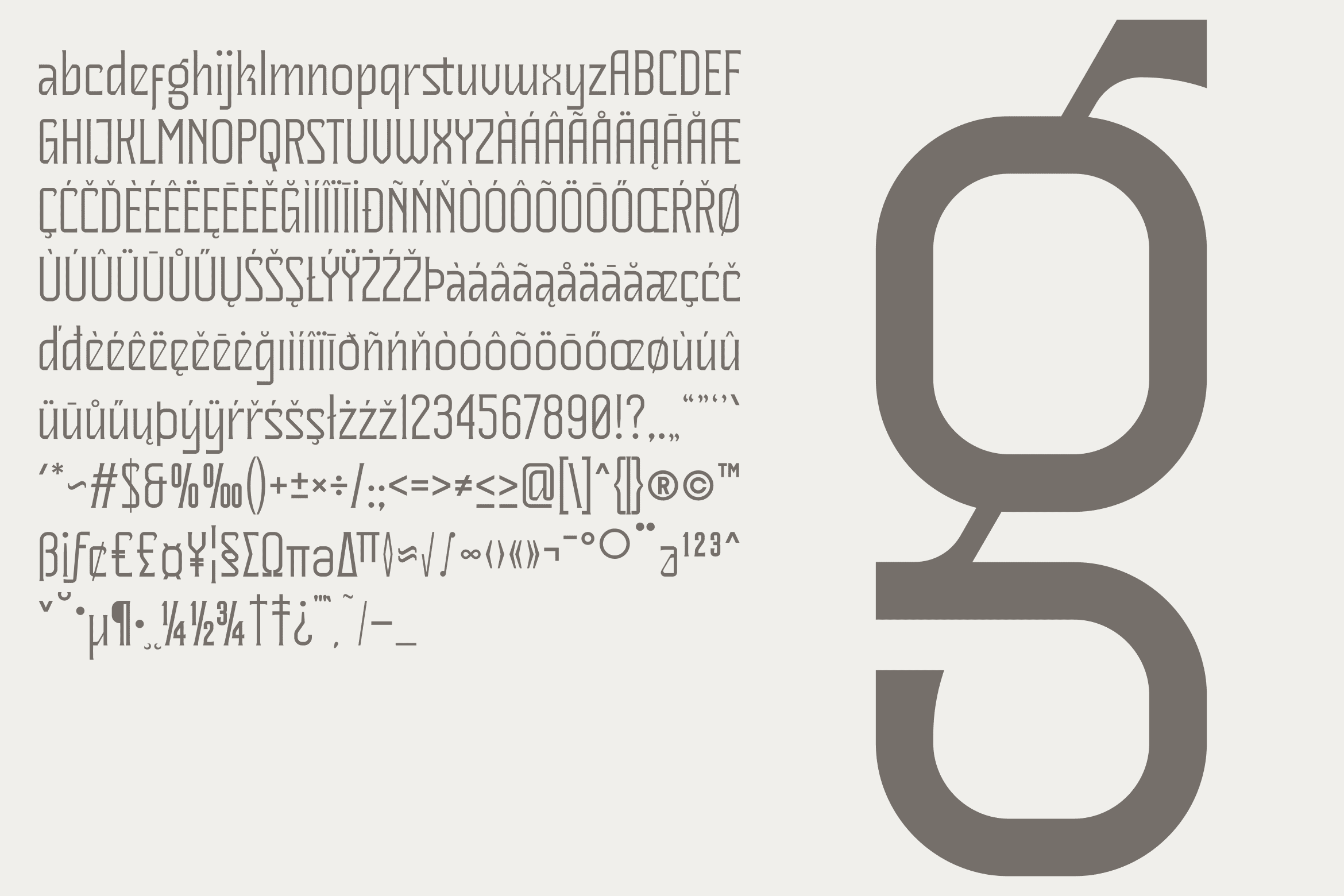 Font character set showing letters numbers symbols with international diacritics