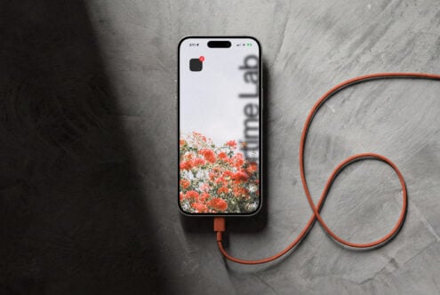 Light iPhone mockup with red flower photo on screen, matching red USB-C cable coiled nearby