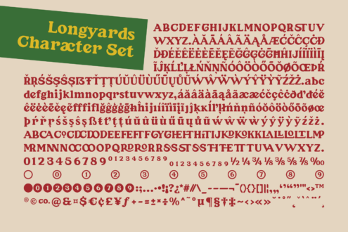 Longyards Character Set showing burgundy serif font with full character library
