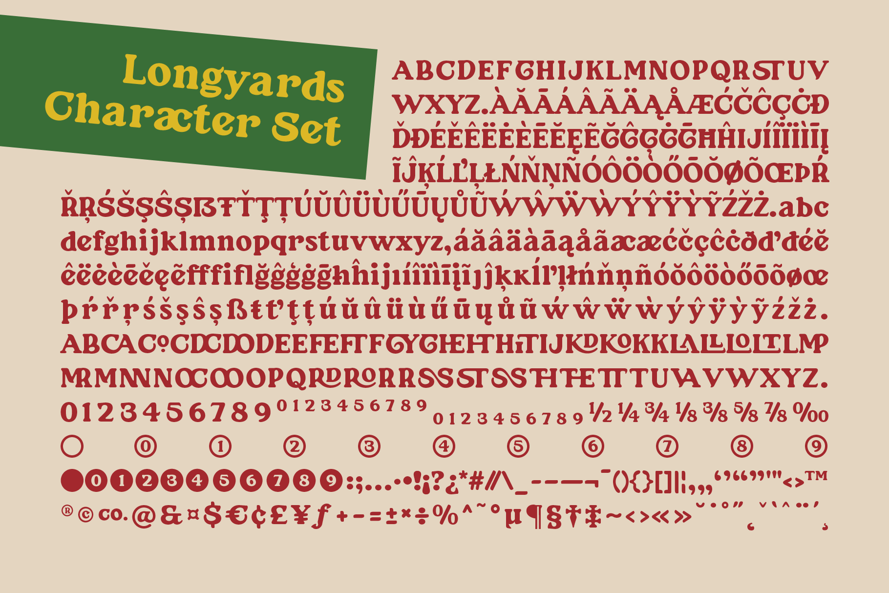 Longyards Character Set showing burgundy serif font with full character library