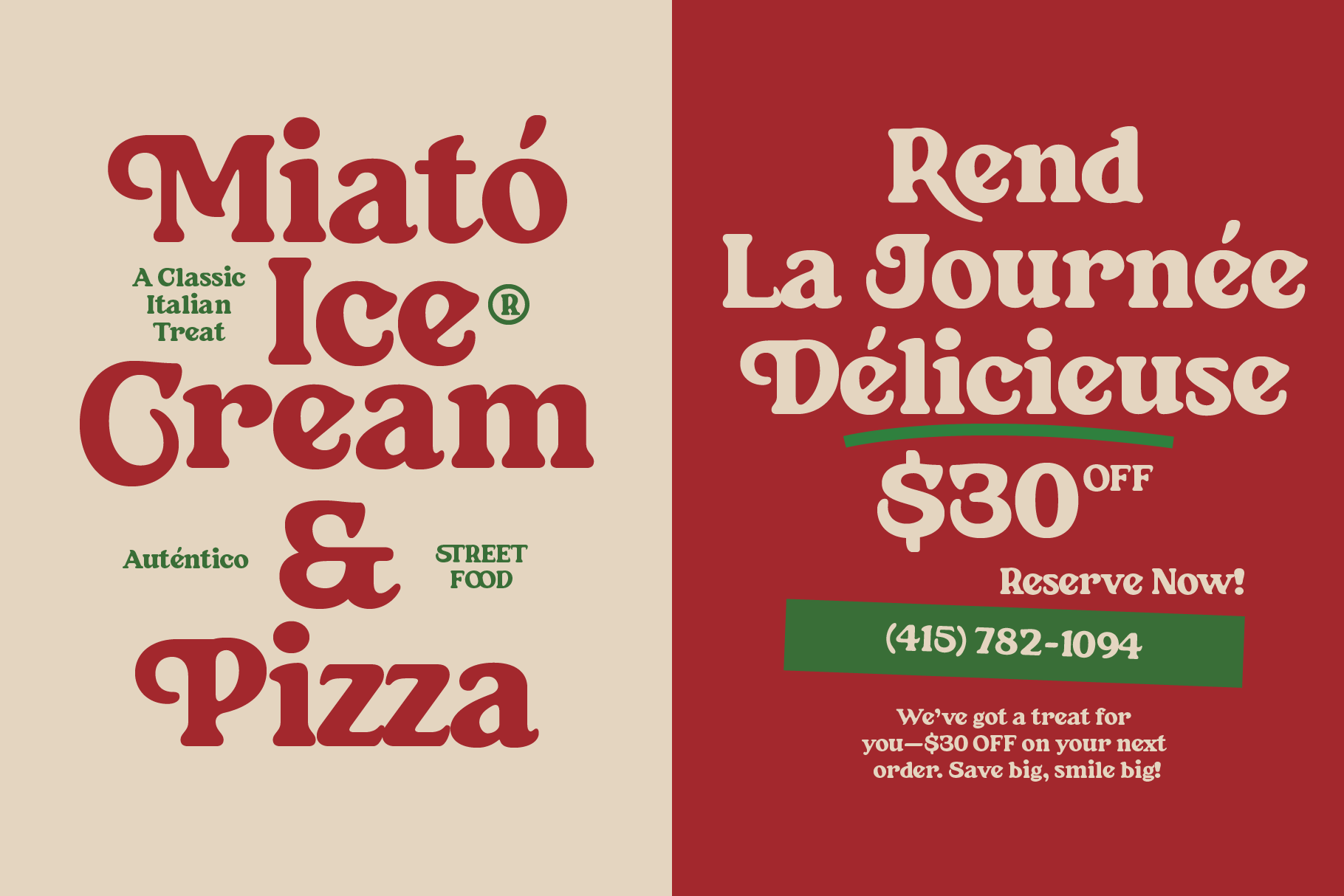 Retro restaurant promo split layout cream side shows ice cream pizza text, red side shows event details pricing