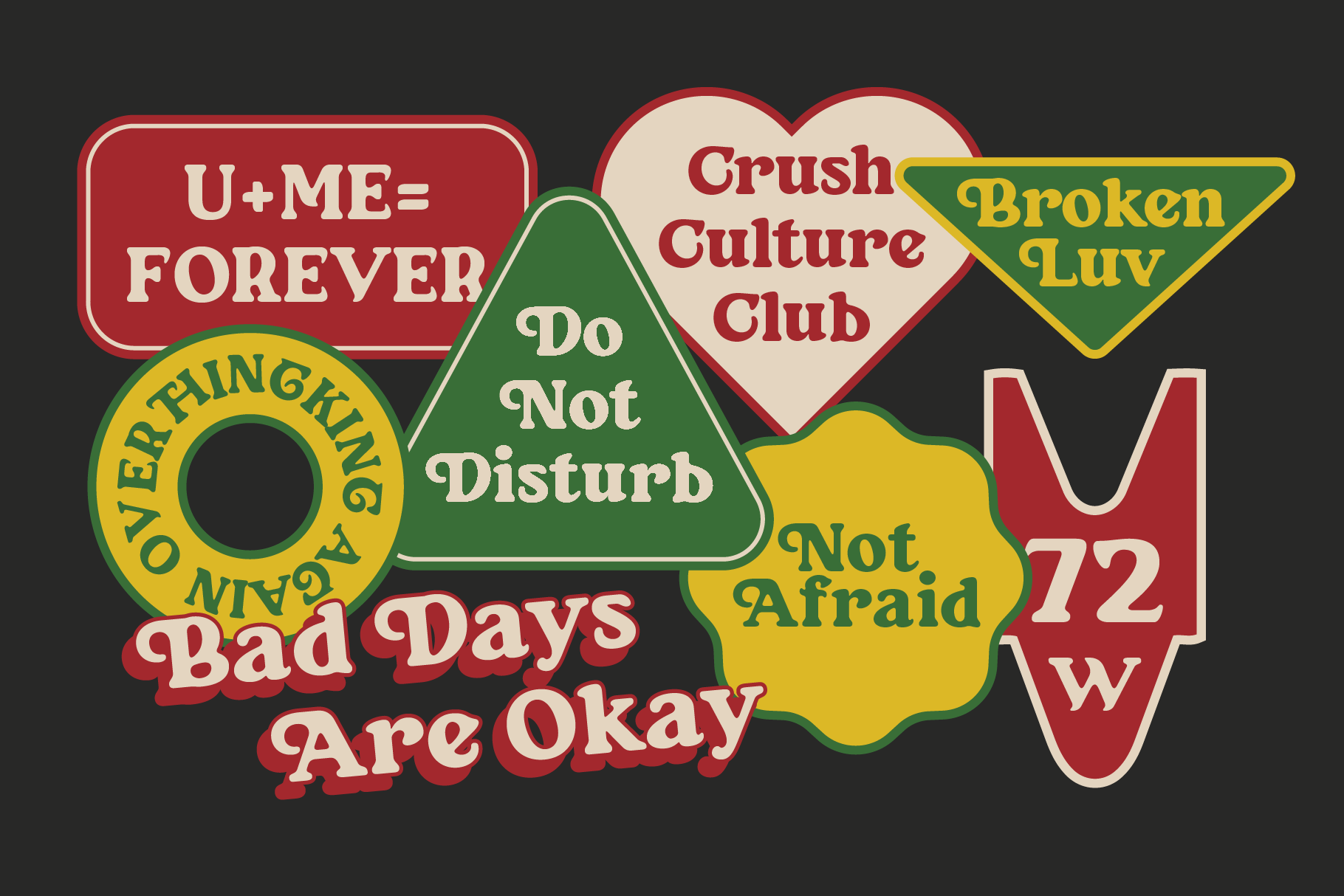 Vintage sticker sheet on dark background with retro serif type in red, yellow, cream, green shapes