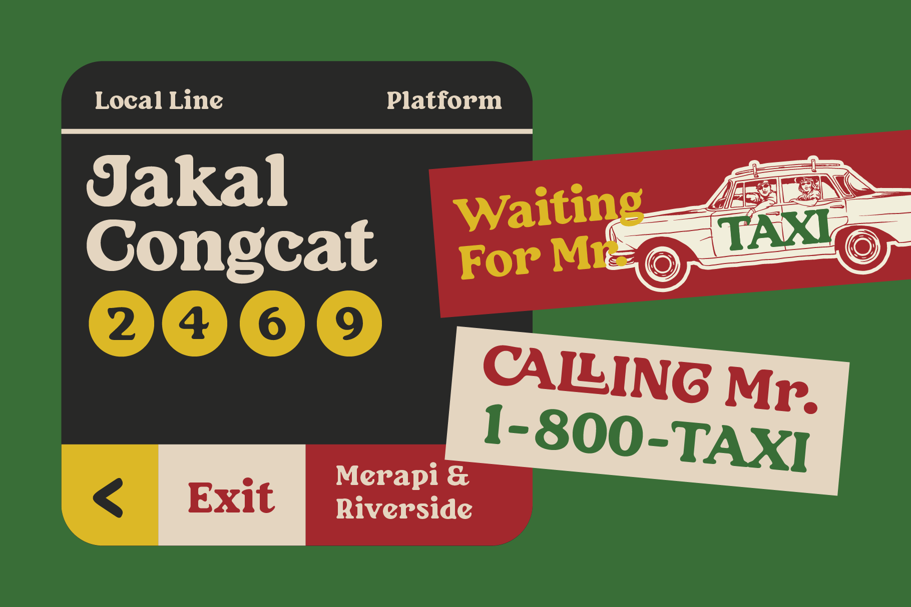 Retro transit sign mockup featuring cream serif type on dark platform sign with green, red, yellow accents