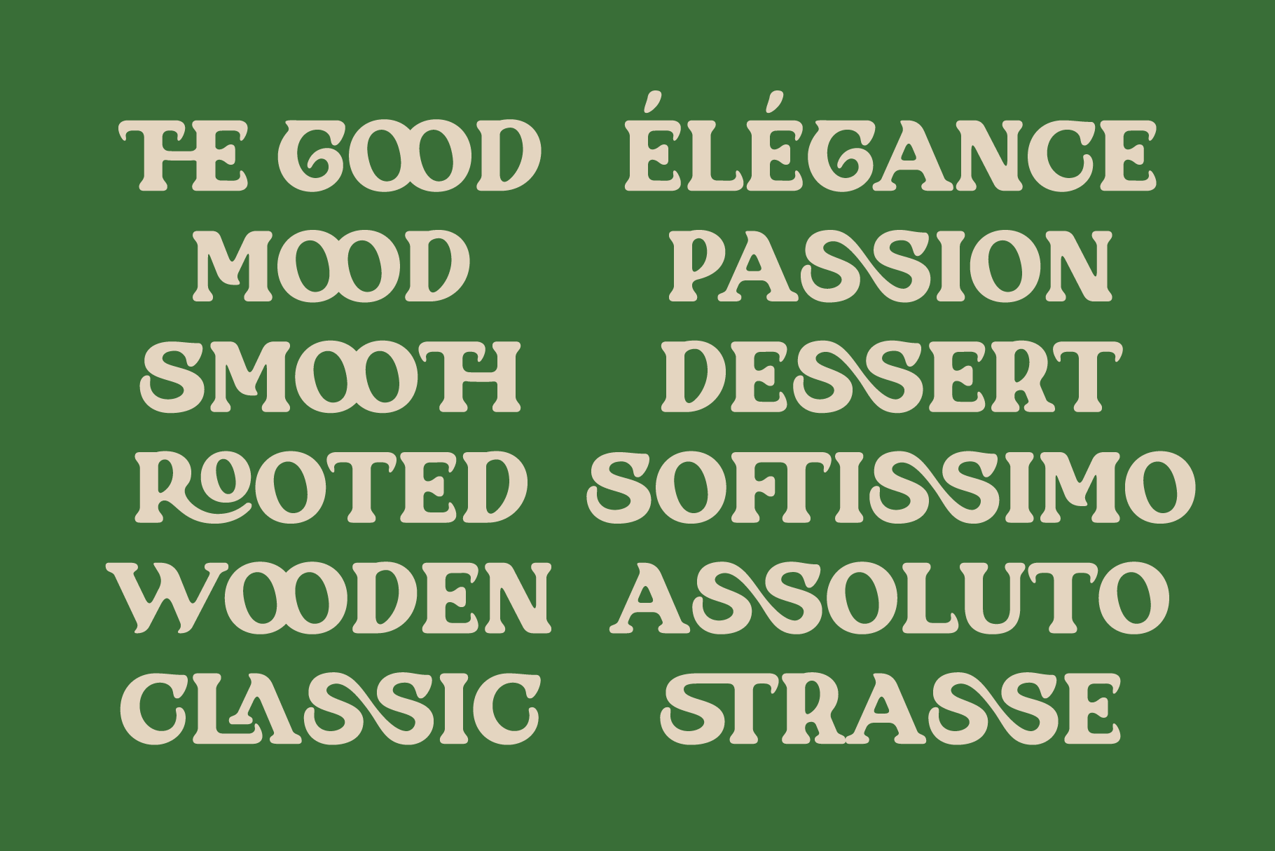 Lingyards font sample on green background showing italic serif letters in cream color with varied weights