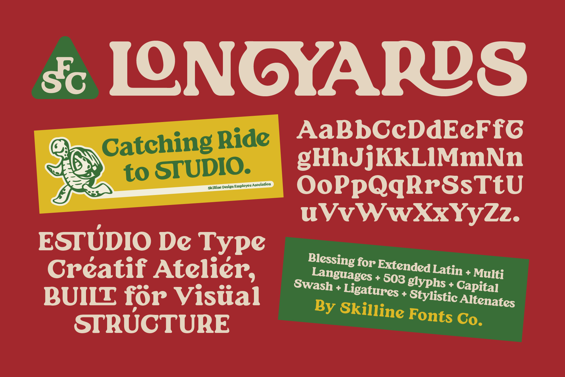 Lingyards font specimen sheet on red background displaying full character set with extended Latin support
