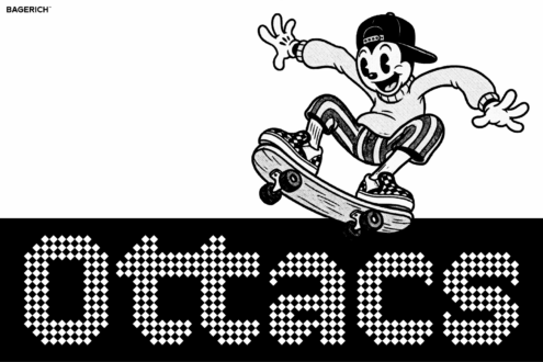 Retro cartoon character doing tricks on a skateboard with checkerboard text below