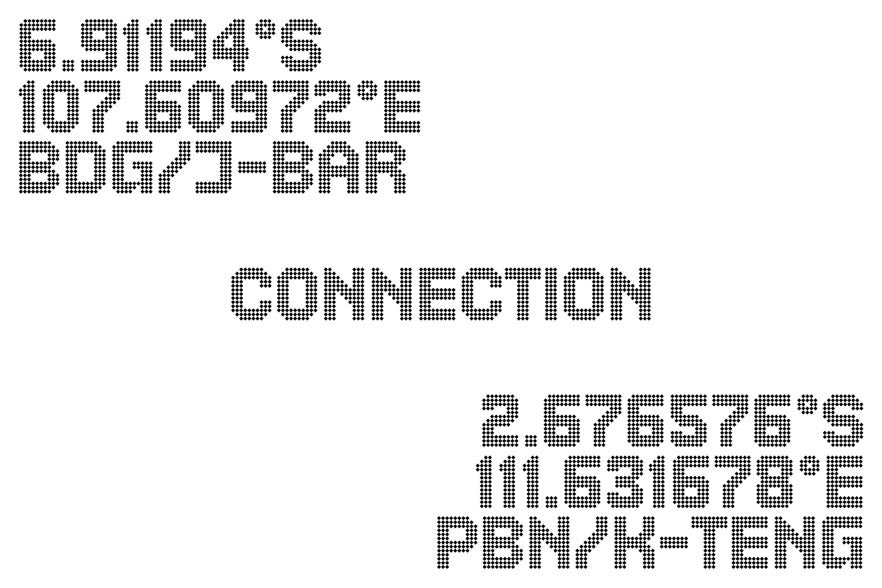 Font specimen showing code numbers connected by dotted pixel lettering