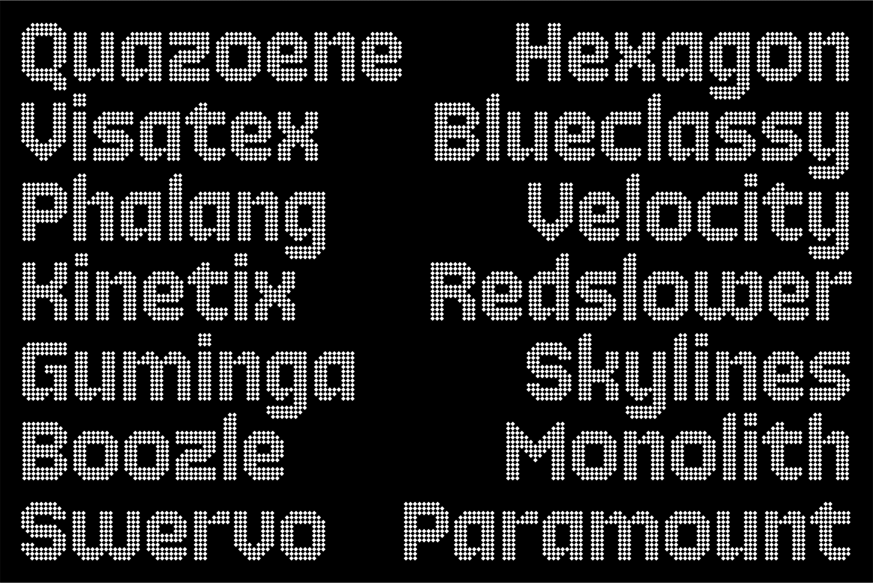 Font preview with multiple character words in dotted pixelated style