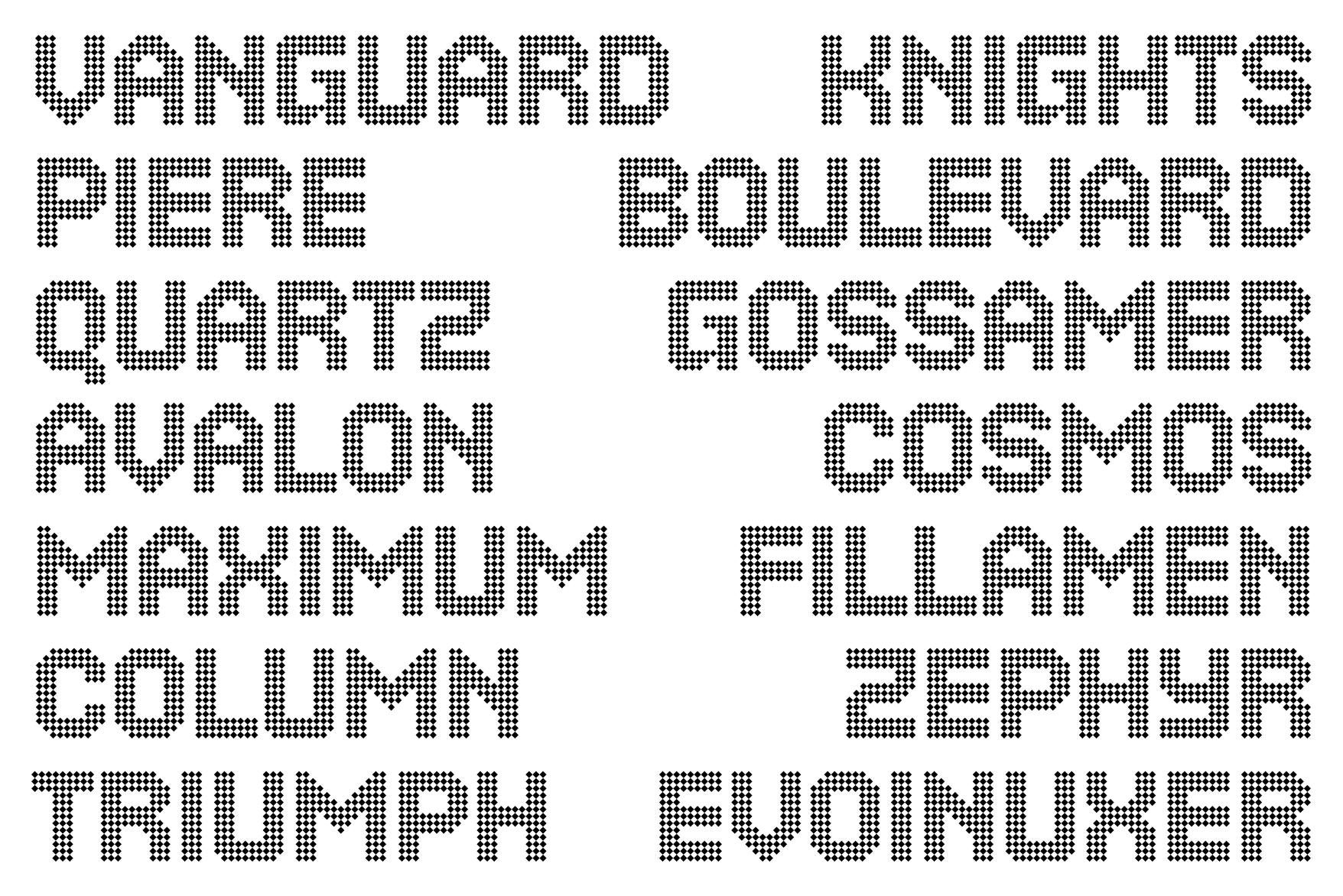 Two columns of fantasy words in dotted pixelated font style