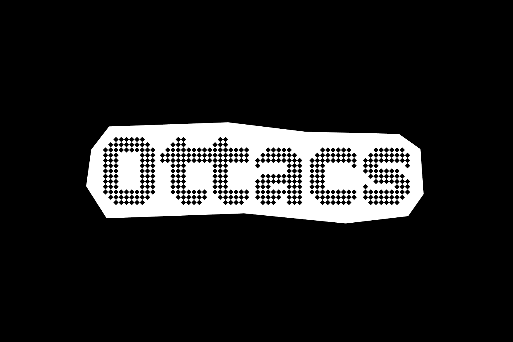 White rounded label with OOOOOOS in dotted pixelated font on black