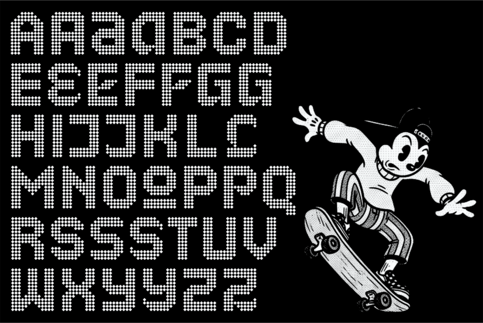Vintage cartoon figure skateboarding with pixelated alphabet numbers displaying below