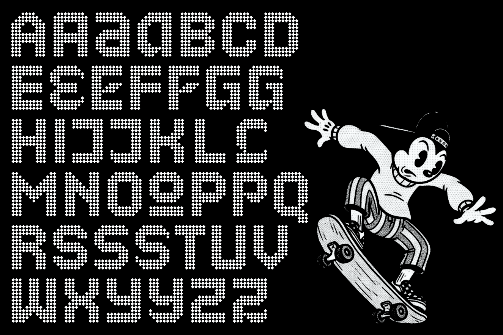 Vintage cartoon figure skateboarding with pixelated alphabet numbers displaying below