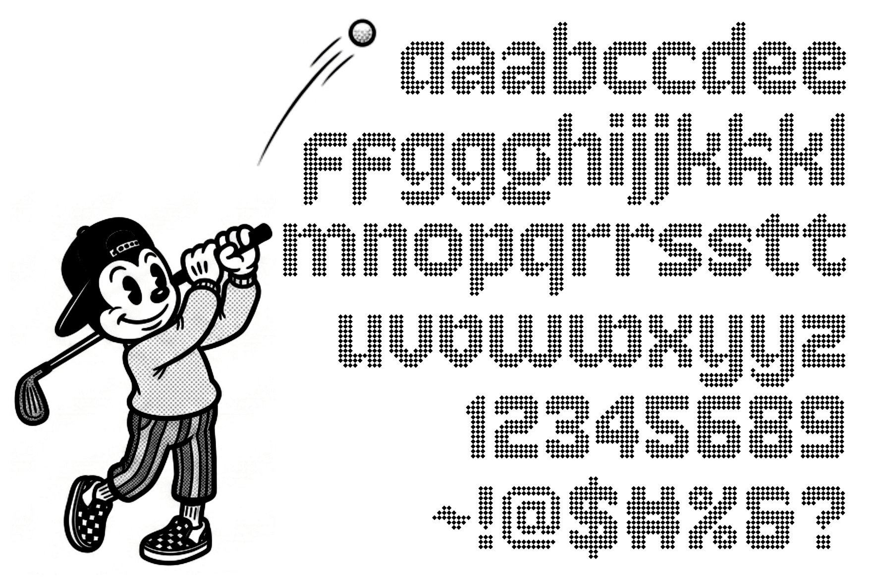 Retro cheerful character with telescope shooting star dotted font showing numbers letters symbols