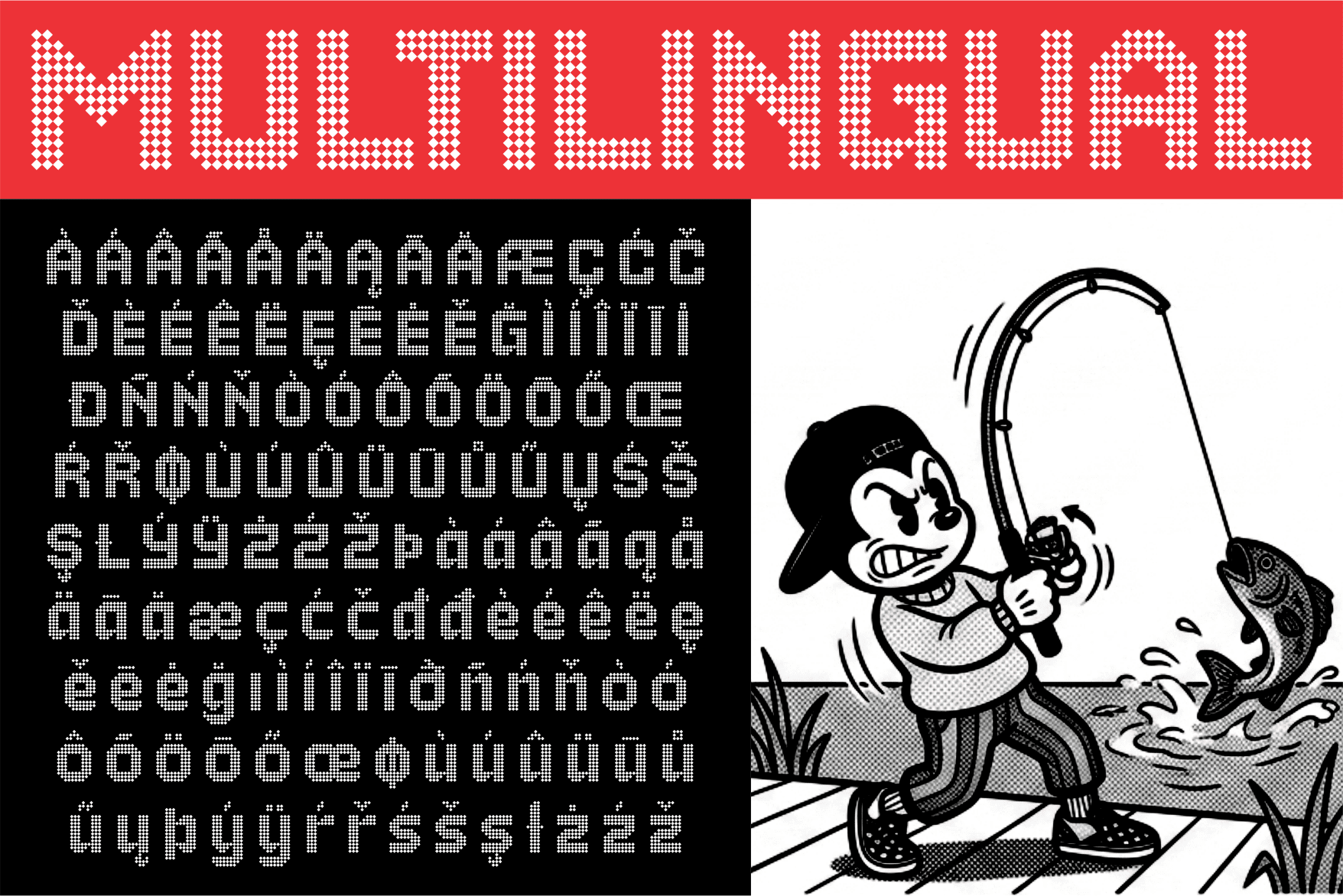 Retro font family display with cartoon fisherman pulling oversized catch mockup