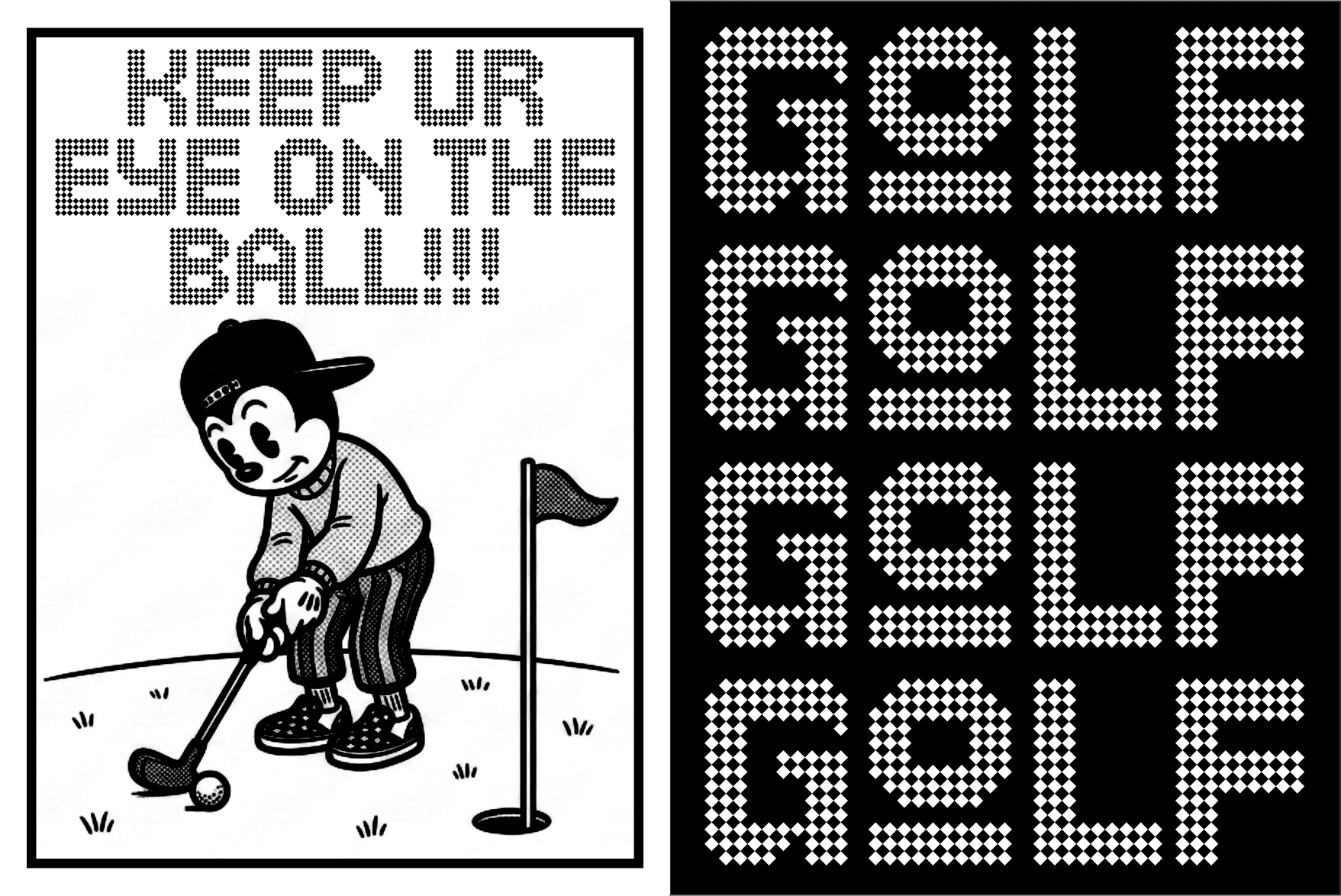 Vintage golfer swinging club with text Keep Your Eye On Ball above
