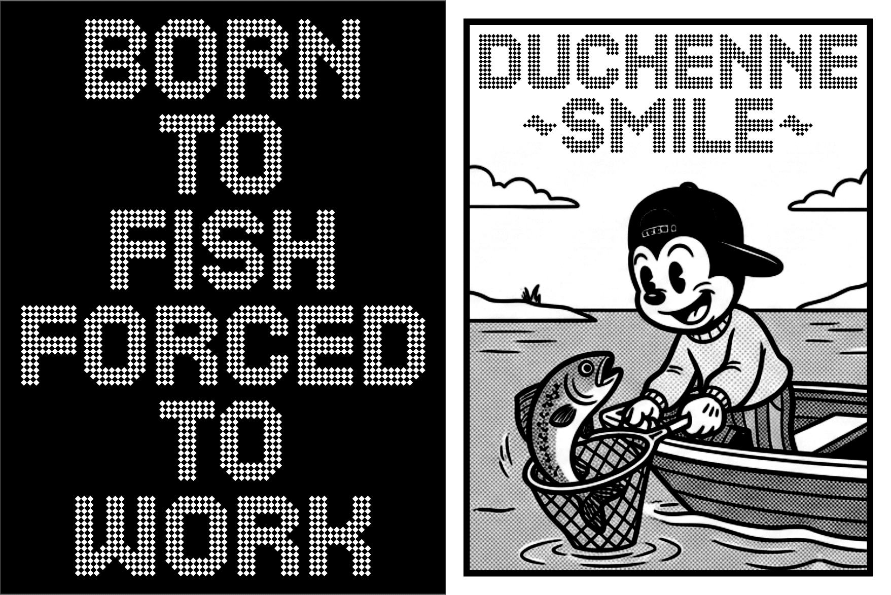 Retro cartoon character holding fish with dotted text saying Born To Fish Forced To Work