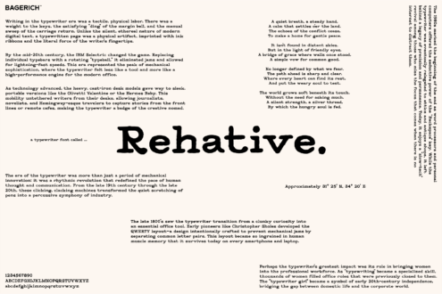 Rehative typewriter font specimen with historical essay about typewriter design evolution