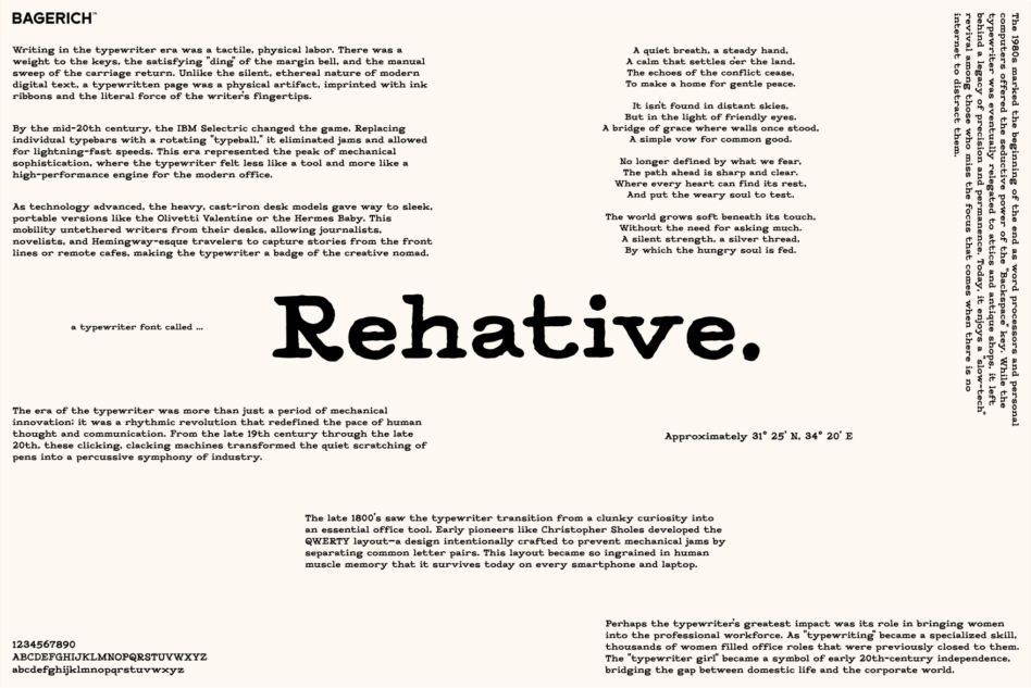 Rehative typewriter font specimen with historical essay about typewriter design evolution