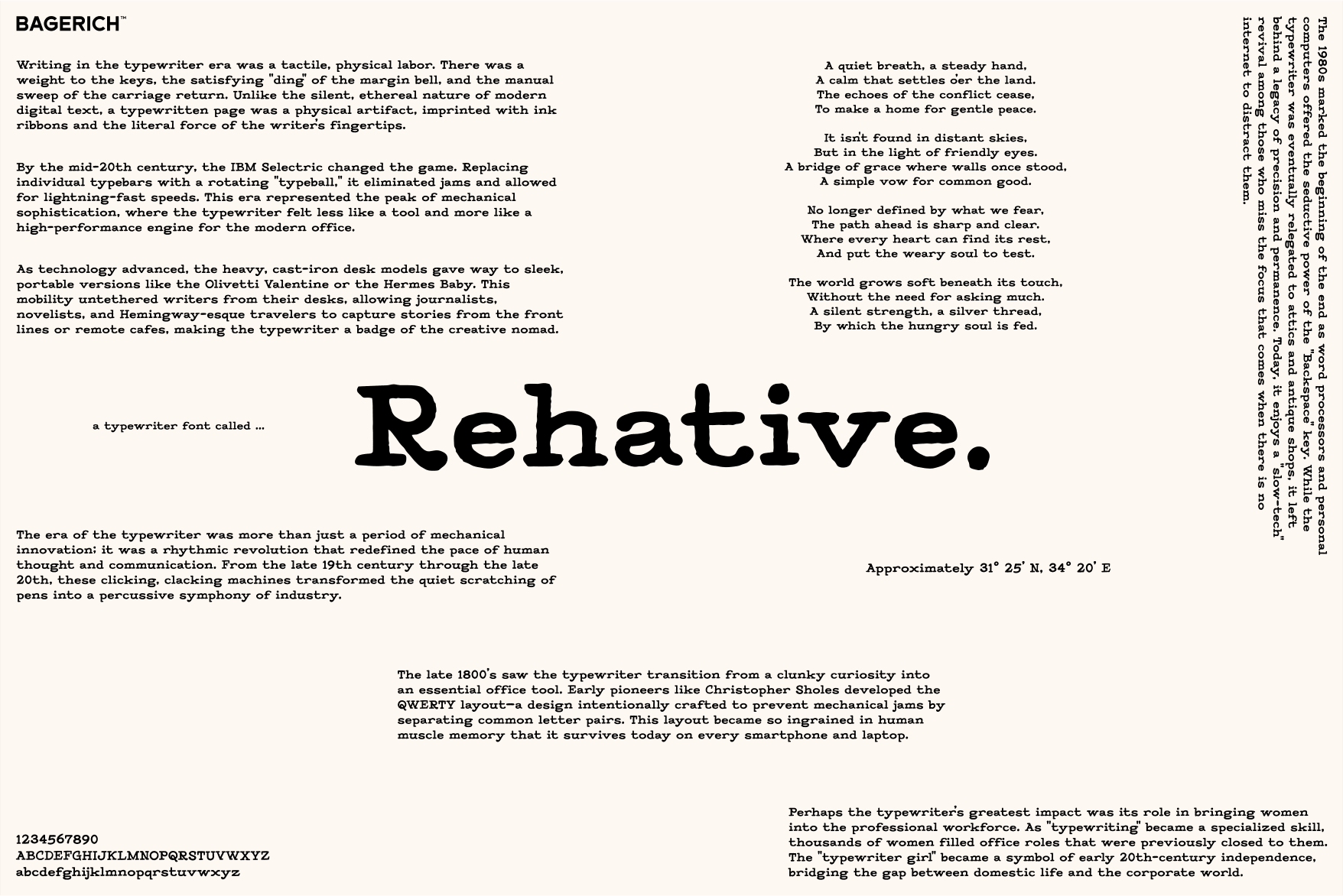 Rehative typewriter font specimen with historical essay about typewriter design evolution