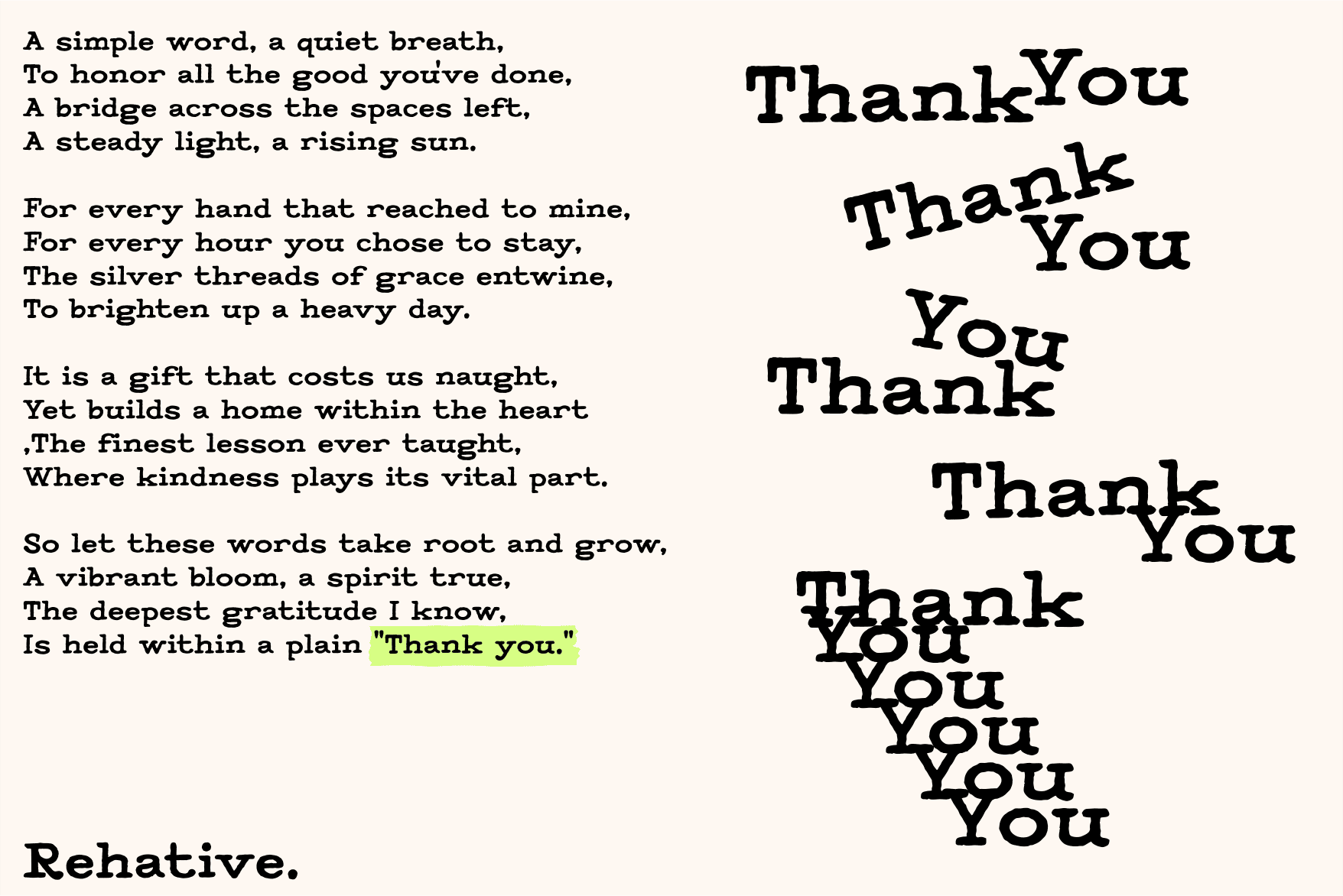 Thank you poem with repeated text on right, typewriter font on left side