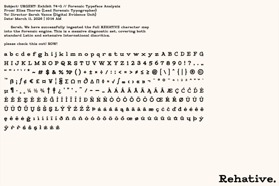 Detailed typeface specimen sheet showing complete character set with international diacritics