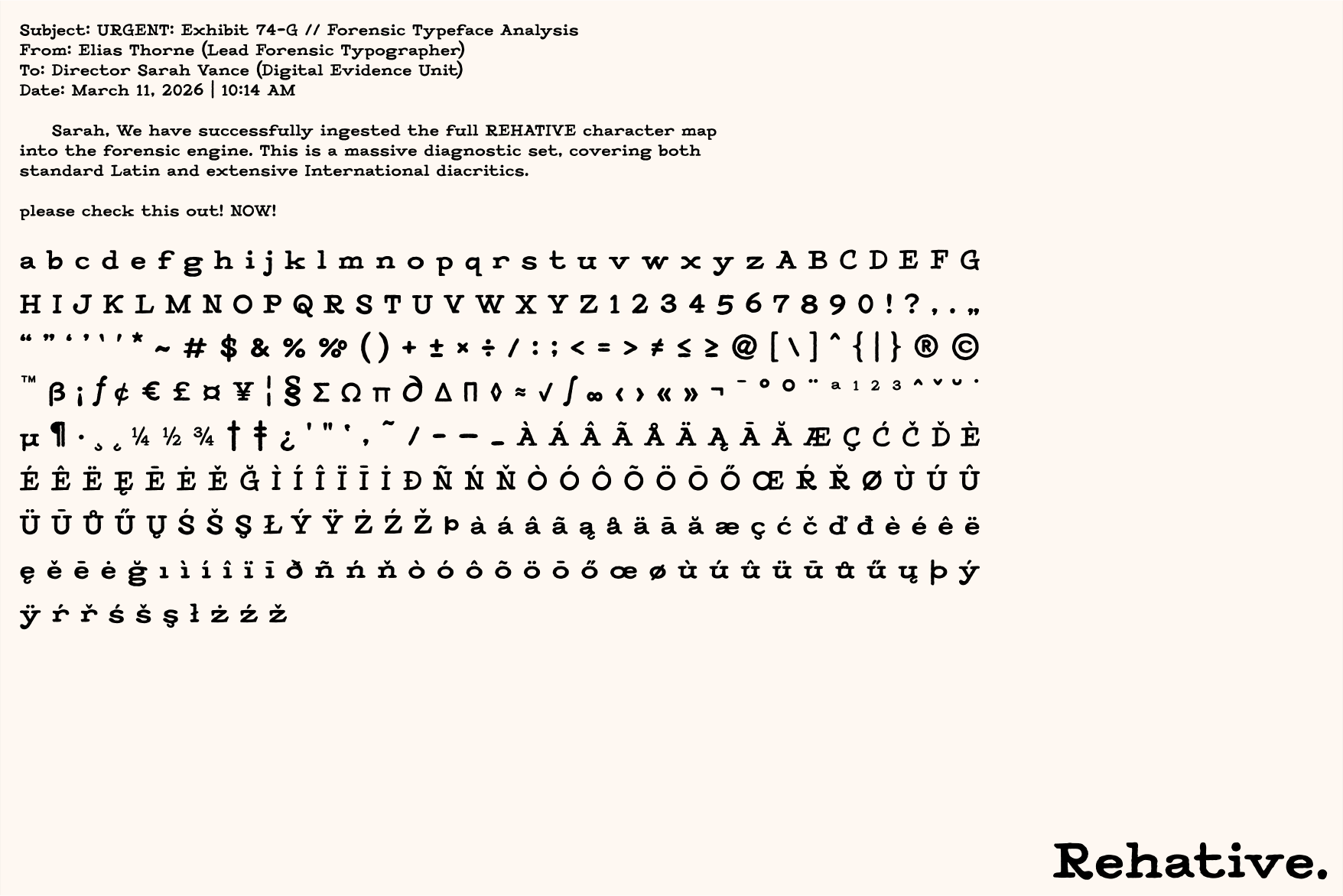 Detailed typeface specimen sheet showing complete character set with international diacritics
