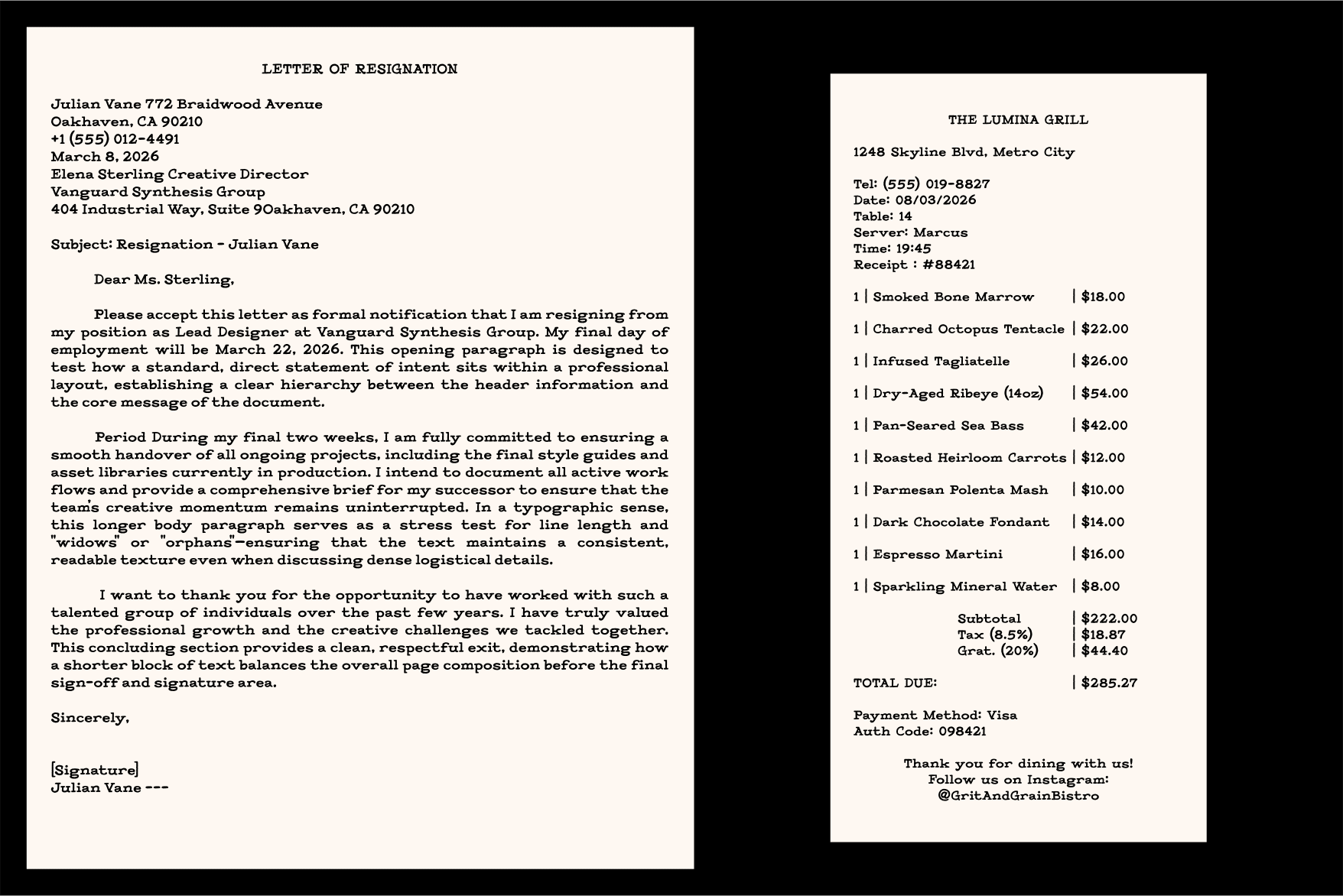 Professional letter of resignation layout paired with upscale restaurant receipt mockup
