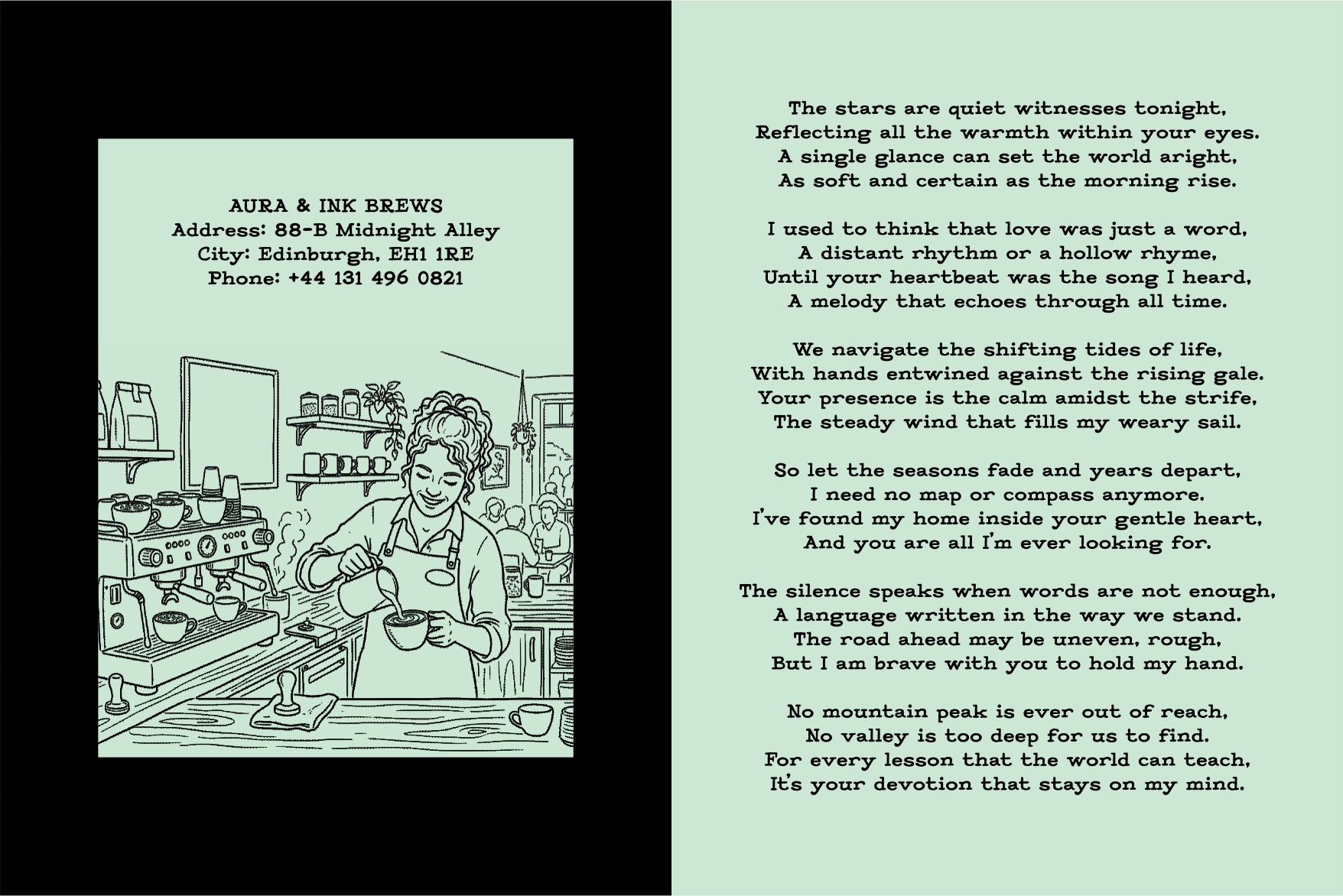 Vintage coffee shop illustration with romantic poetry text on cream colored pages