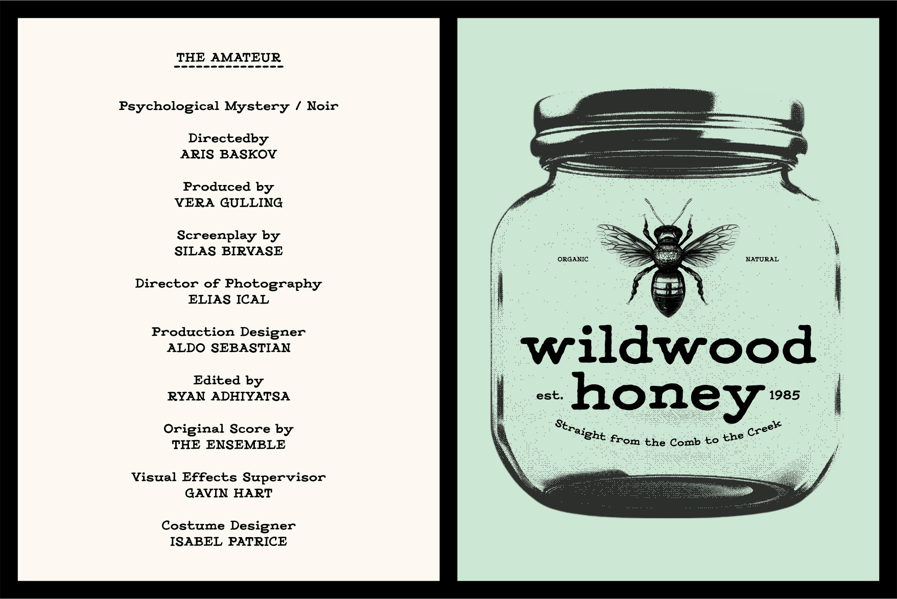 Film credits page next to wildwood honey jar label mockup with bee illustration