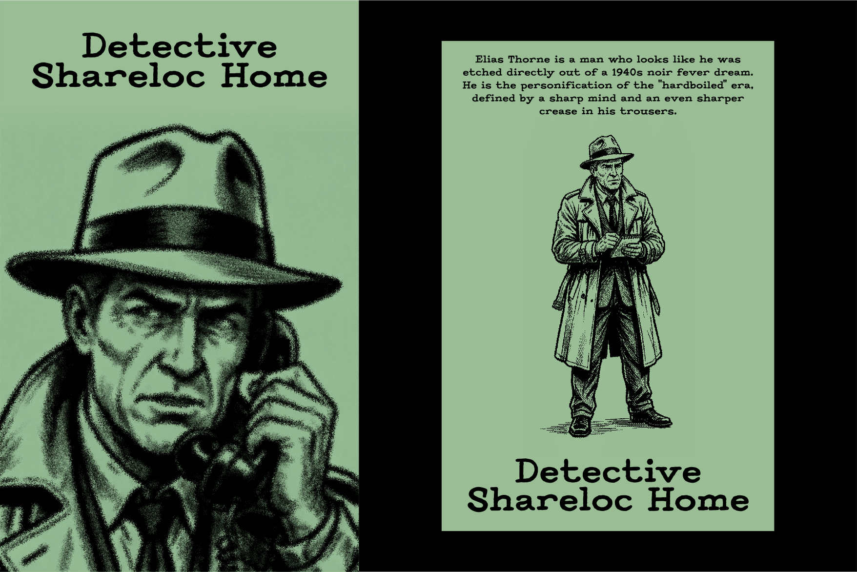 Detective Sherlock Home book cover mockup with noir character illustration on mint green