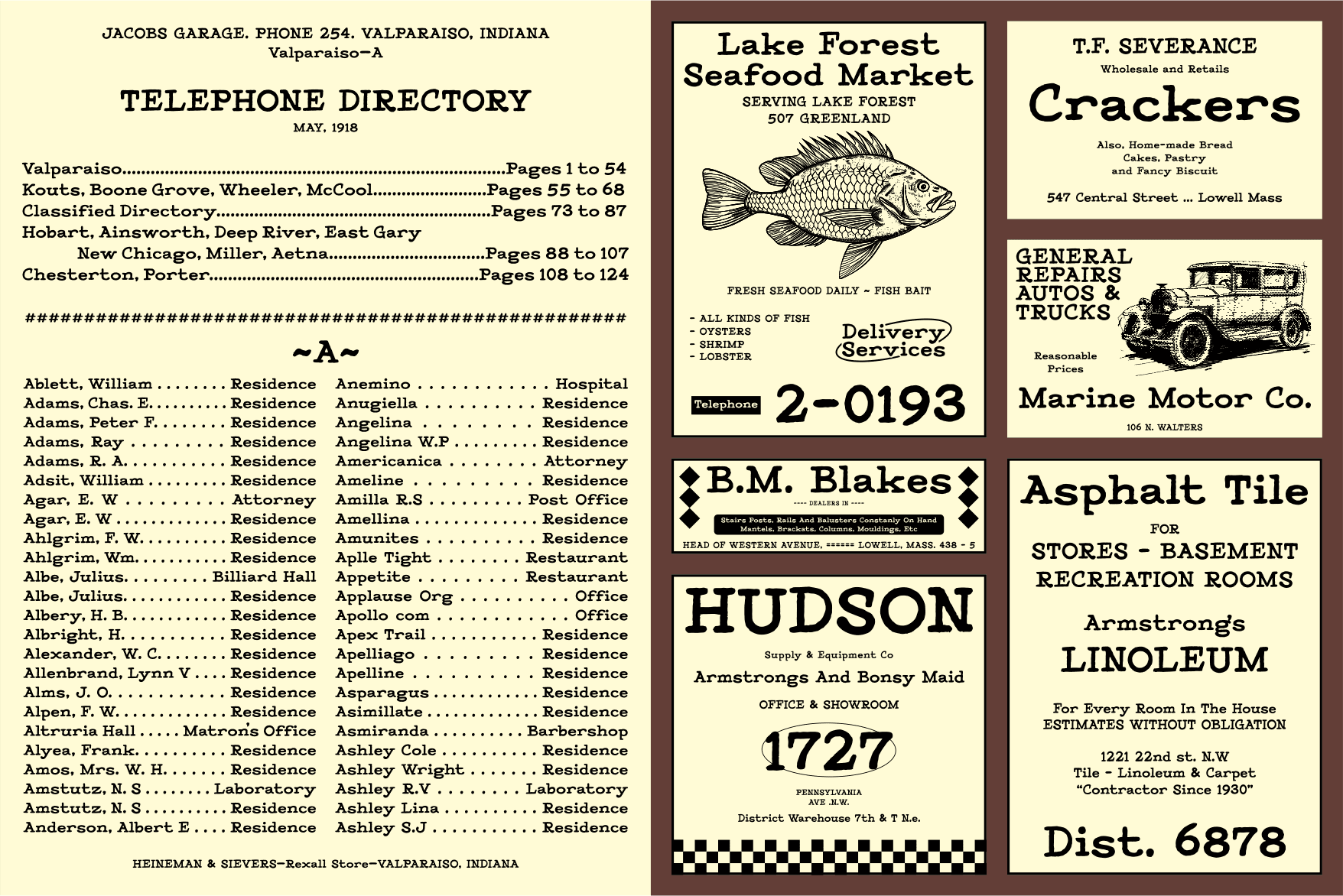 1918 vintage telephone directory pages with retro business advertisements for seafood market, auto repair, honey crackers