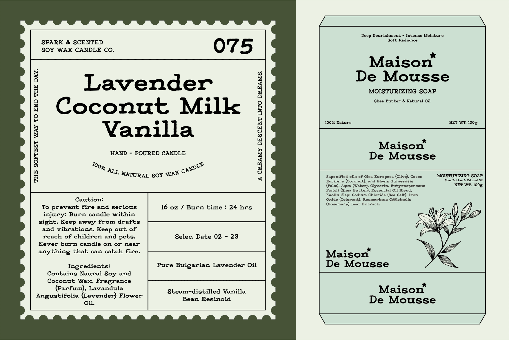 Vintage product label mockups with candle packaging on green background plus soap bar box