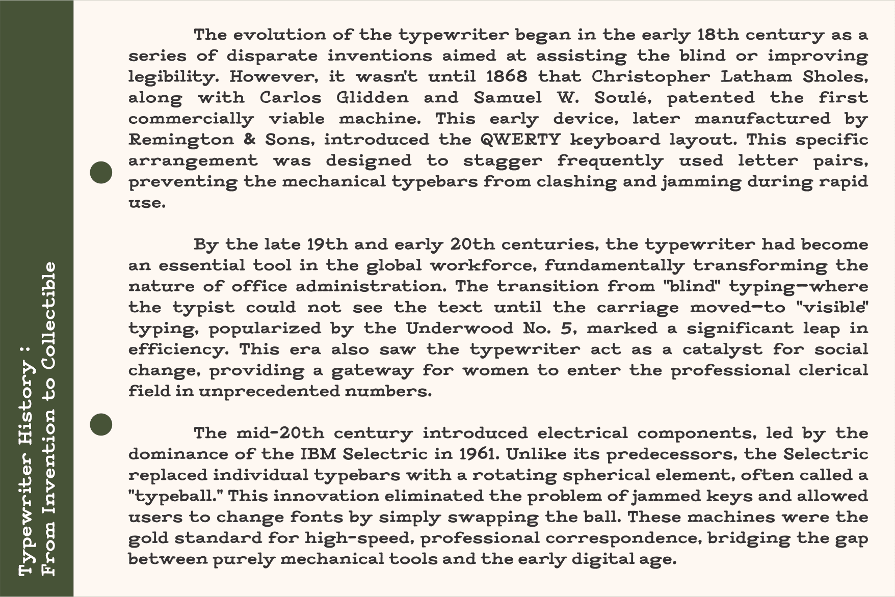 Typewriter history text about keyboard evolution with green sidebar accent