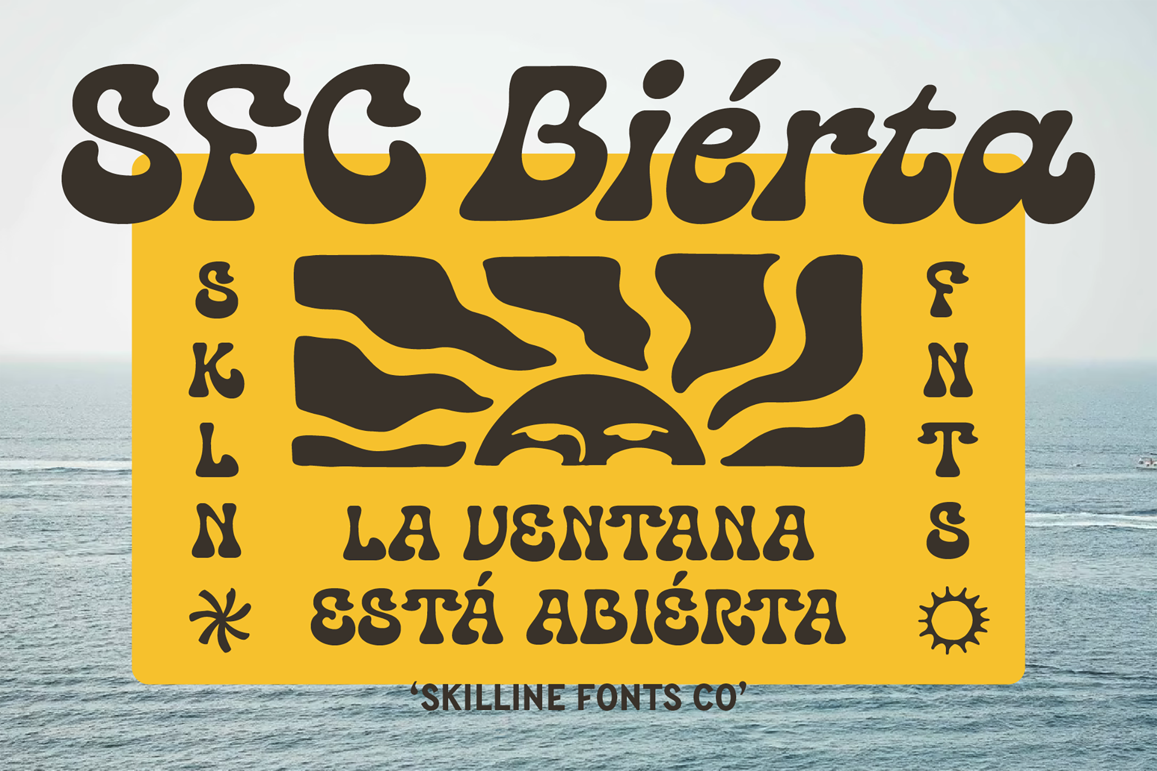 SFG Bierta font showcased in bold retro style on yellow background with sun motif