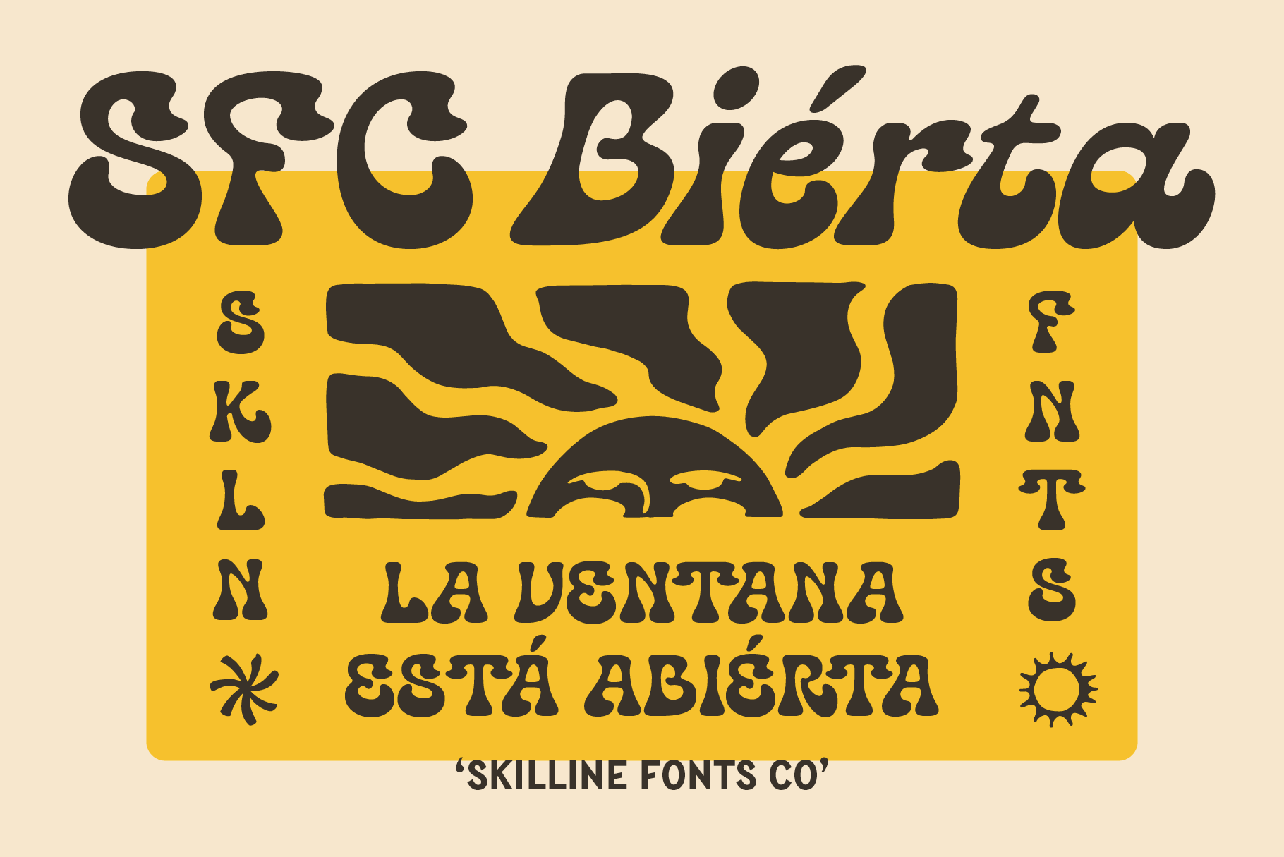 SFG Bierta display with Spanish text over yellow box over ocean scenery backdrop