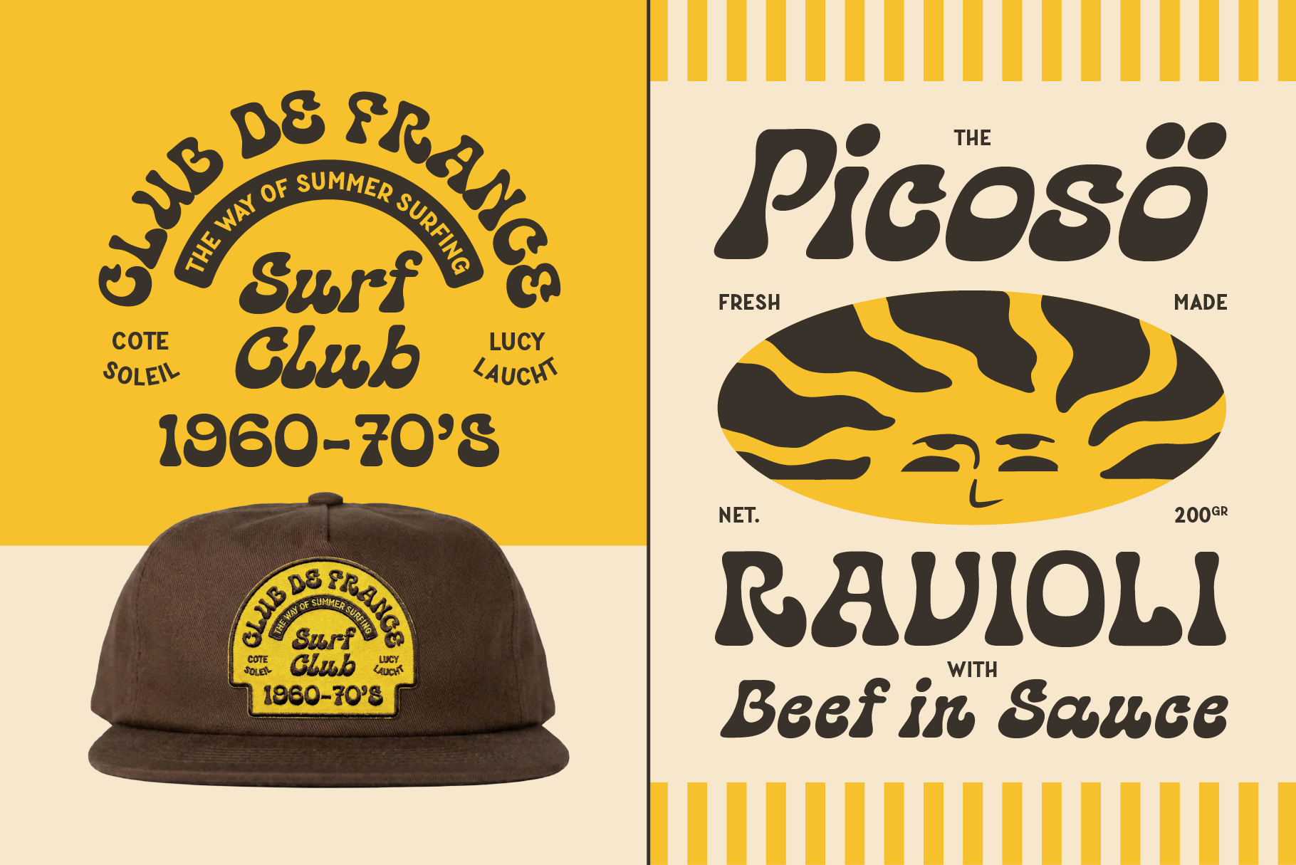 Vintage surf club cap mockup on left, retro food label design on right with yellow