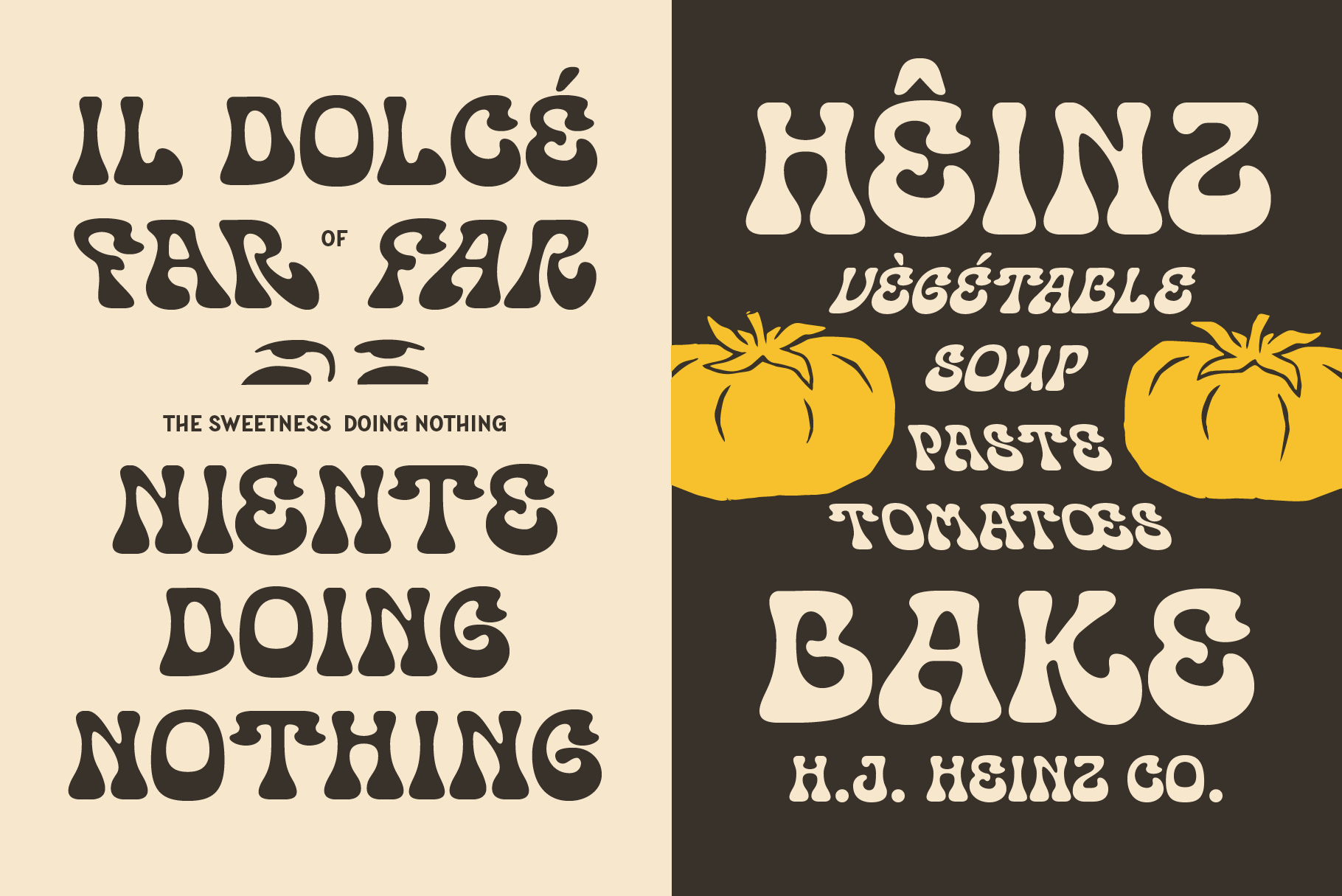 Split vintage food package designs with retro typography layouts side by side
