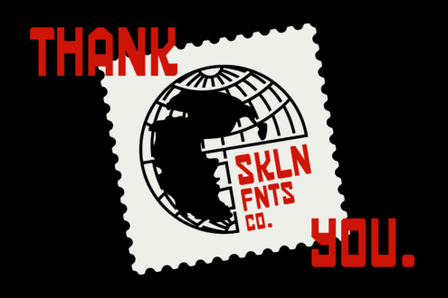Postage stamp with globe outline, thank you message in bold typography